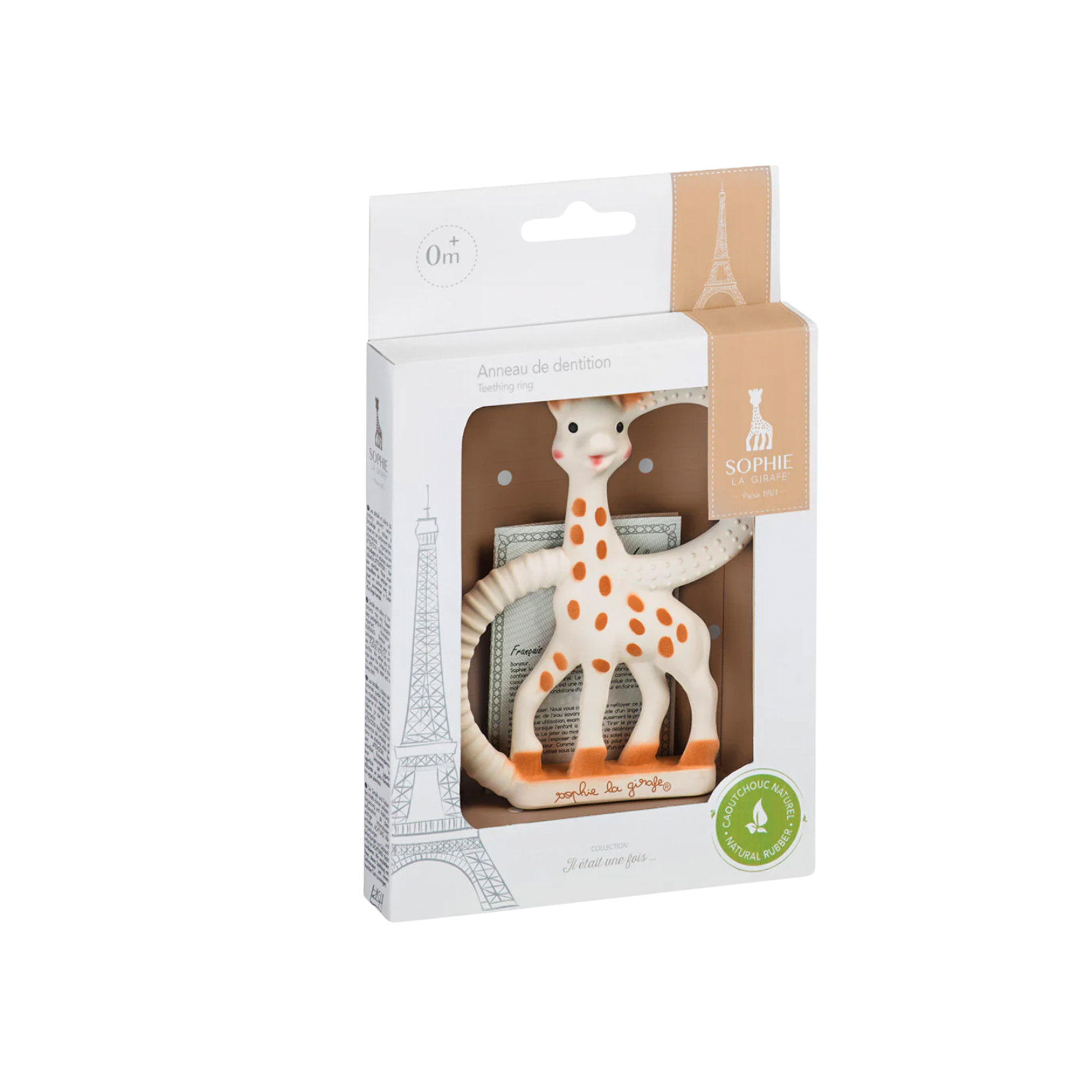Sophie La Girafe teething ring in packaging angled front view