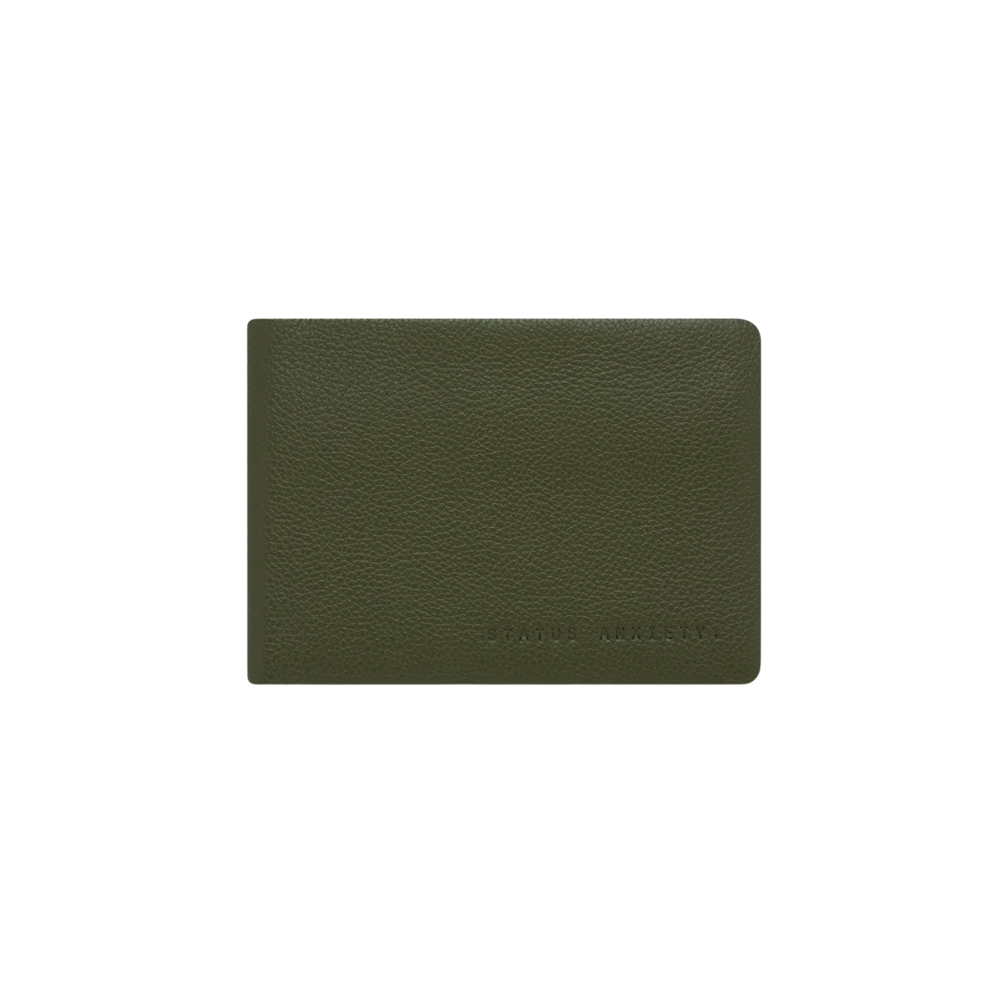 Front view of the Status Anxiety Wallet Jonah Khaki from premium Italian leather with 6 card slots, and fits AUD & USD.