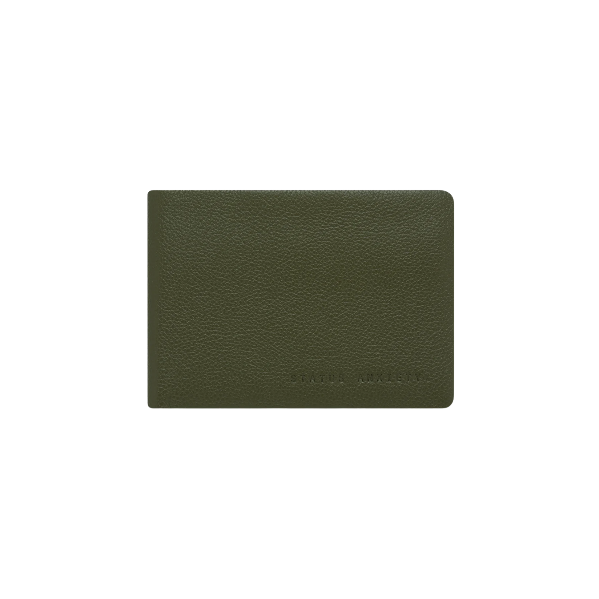 Front view of the Status Anxiety Wallet Jonah Khaki from premium Italian leather with 6 card slots, and fits AUD & USD.