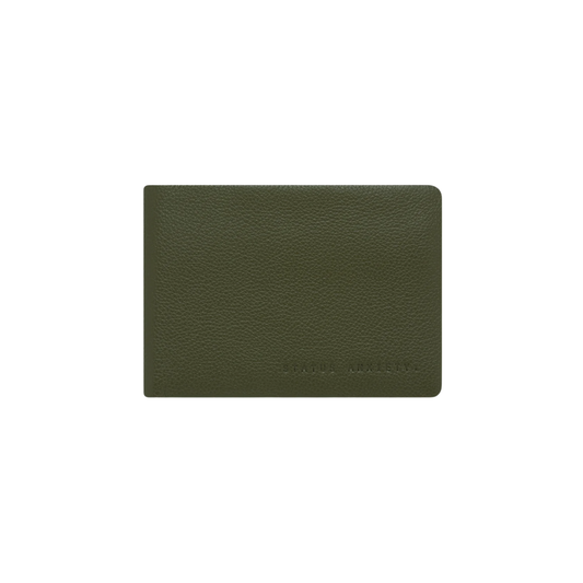 Front view of the Status Anxiety Wallet Jonah Khaki from premium Italian leather with 6 card slots, and fits AUD & USD.