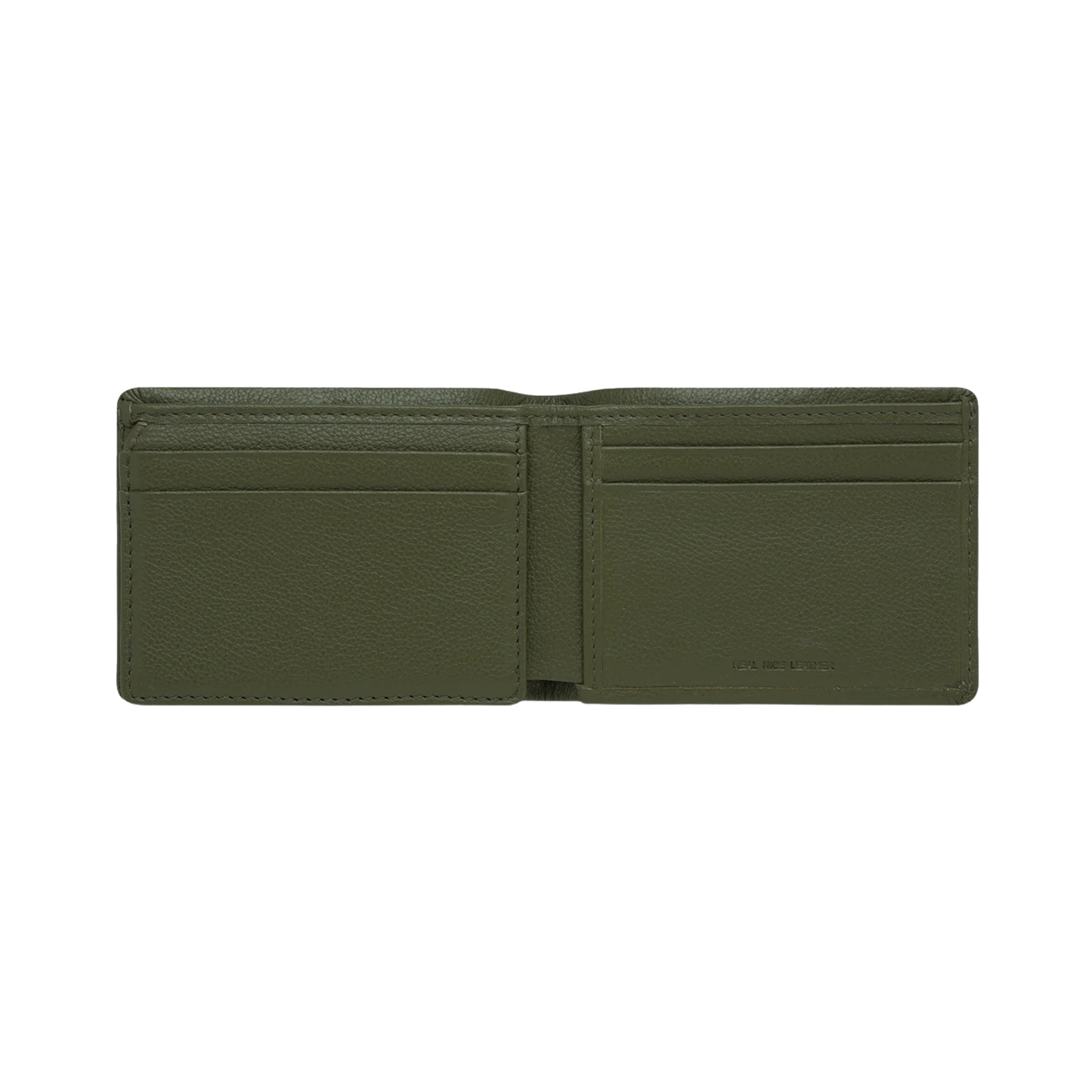 Front view and open Status Anxiety Wallet Jonah Khaki from premium Italian leather with 6 card slots, and fits AUD & USD.