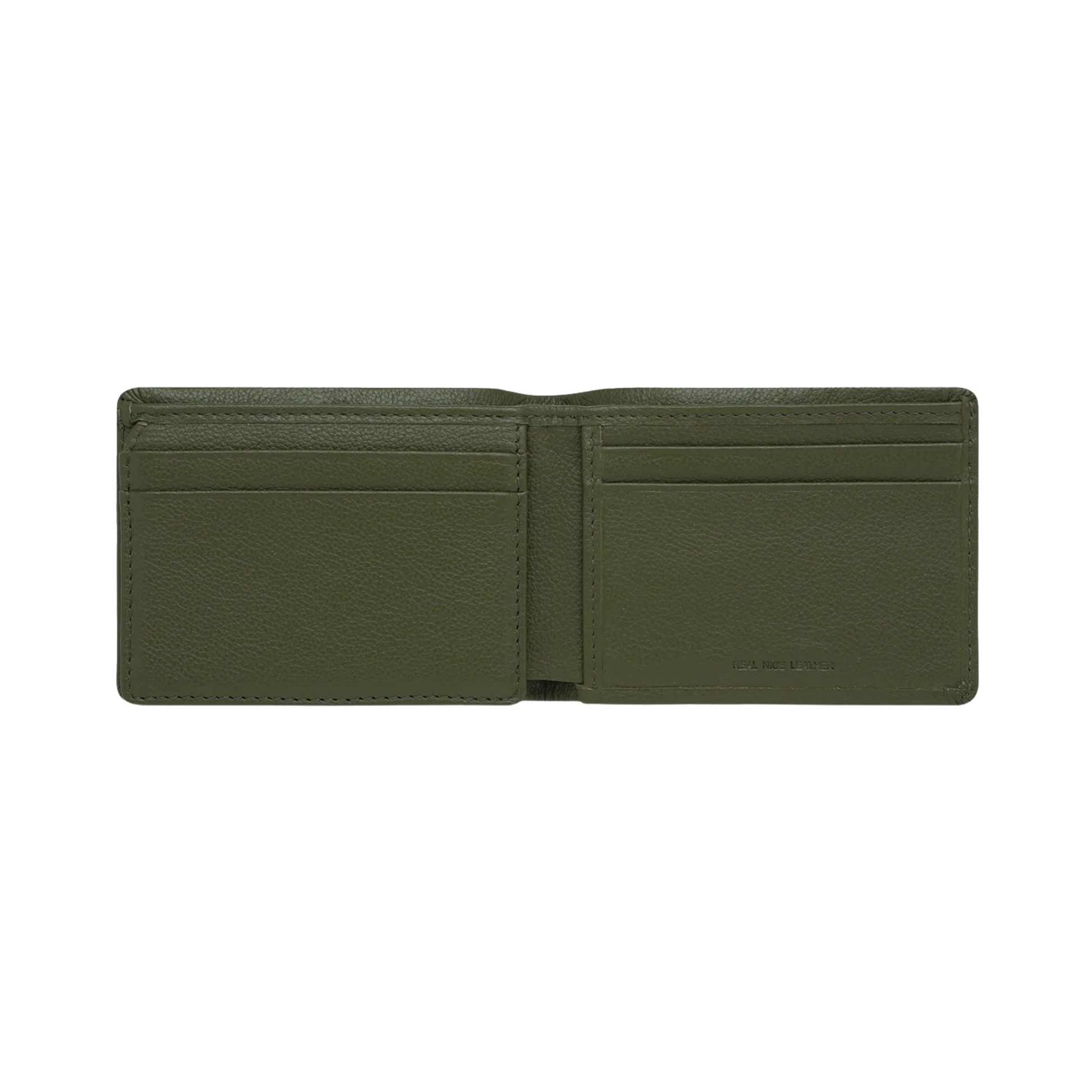 Front view and open Status Anxiety Wallet Jonah Khaki from premium Italian leather with 6 card slots, and fits AUD & USD.