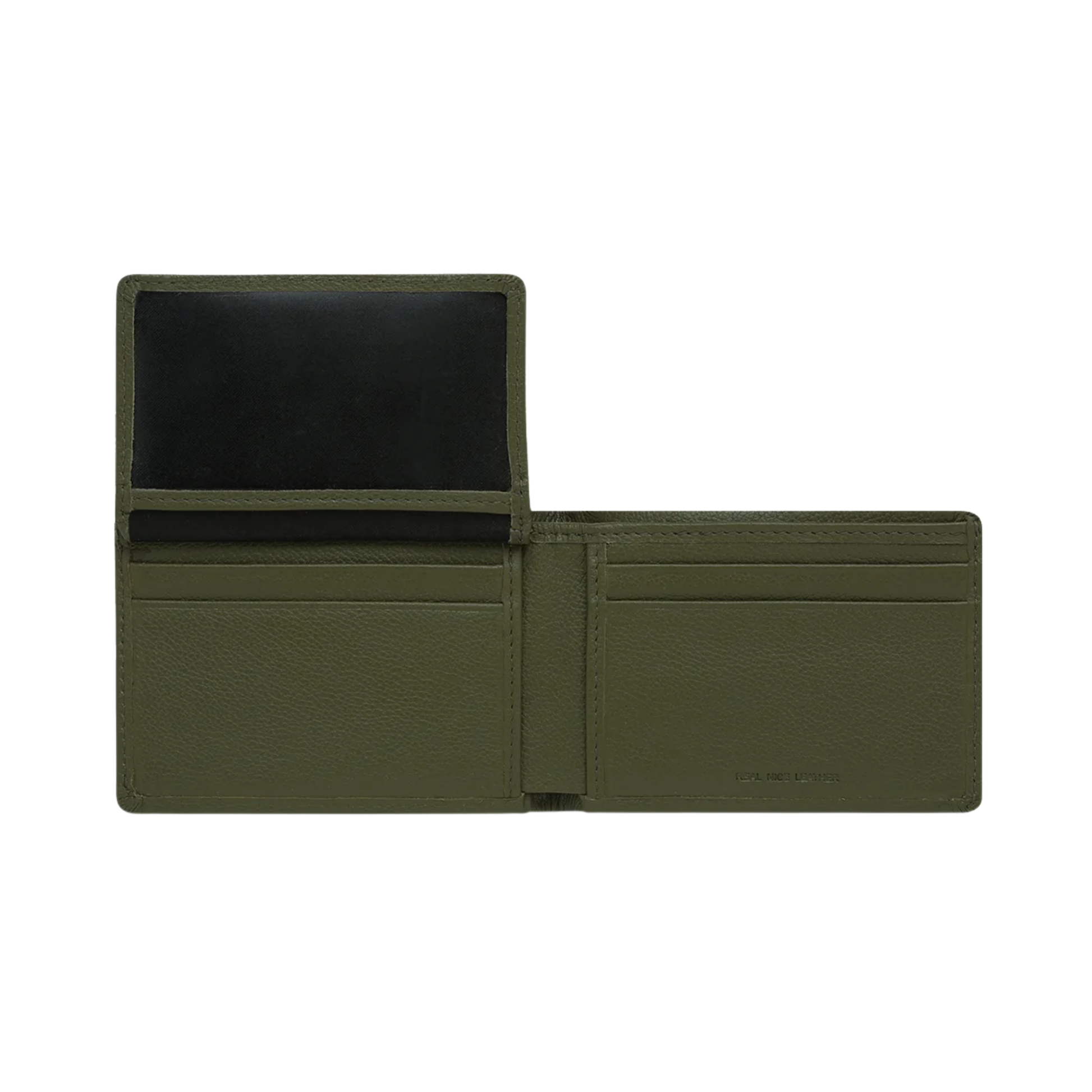 Front view of the open with extension Status Anxiety Wallet Jonah Khaki from premium Italian leather with 6 card slots, and fits AUD & USD.