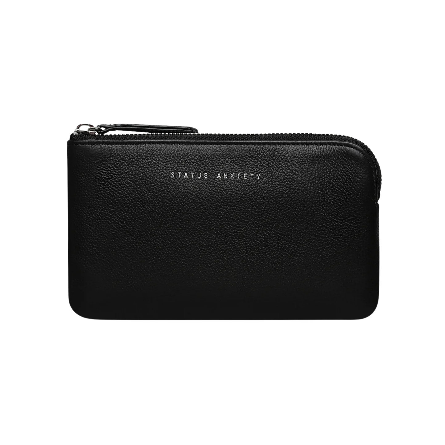 Front view of the Status Anxiety Wallet Smoke And Mirrors Black from soft shrunken pebble leather with 4 card slots.