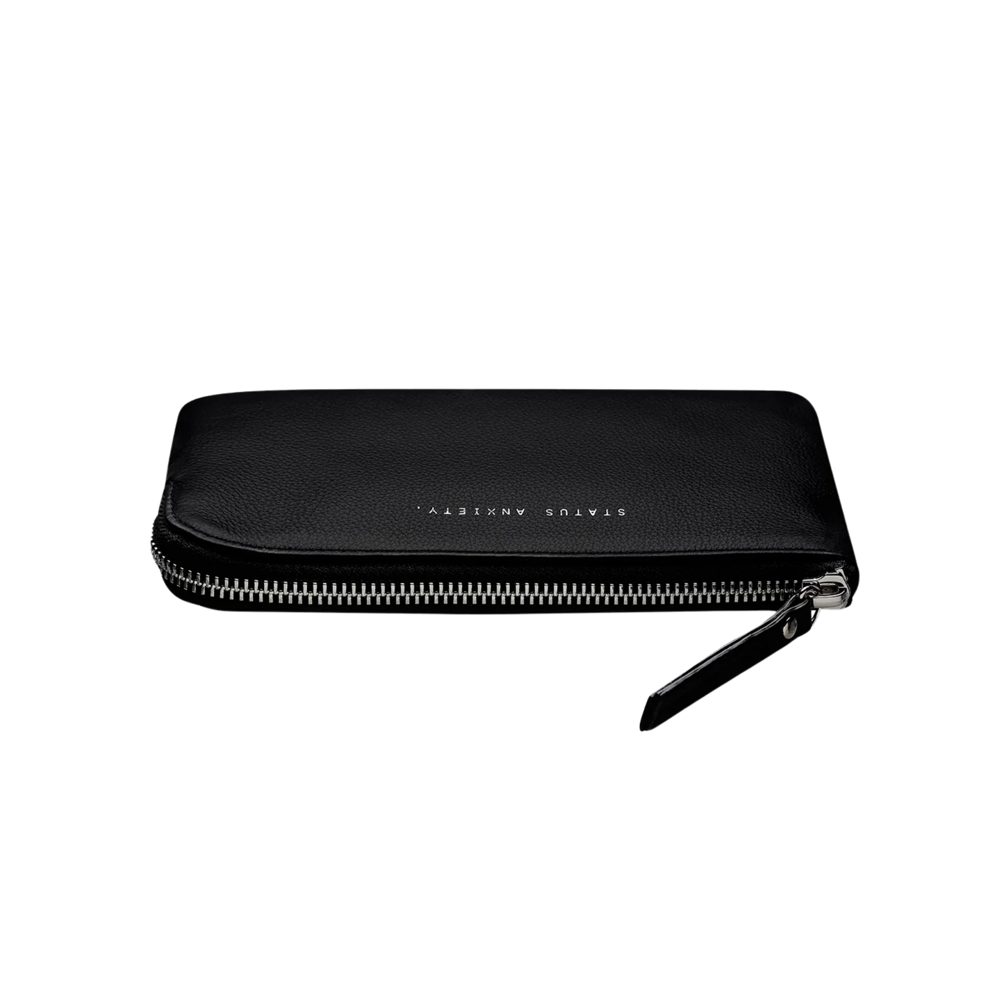 Top view of the Status Anxiety Wallet Smoke And Mirrors Black from soft shrunken pebble leather with 4 card slots.