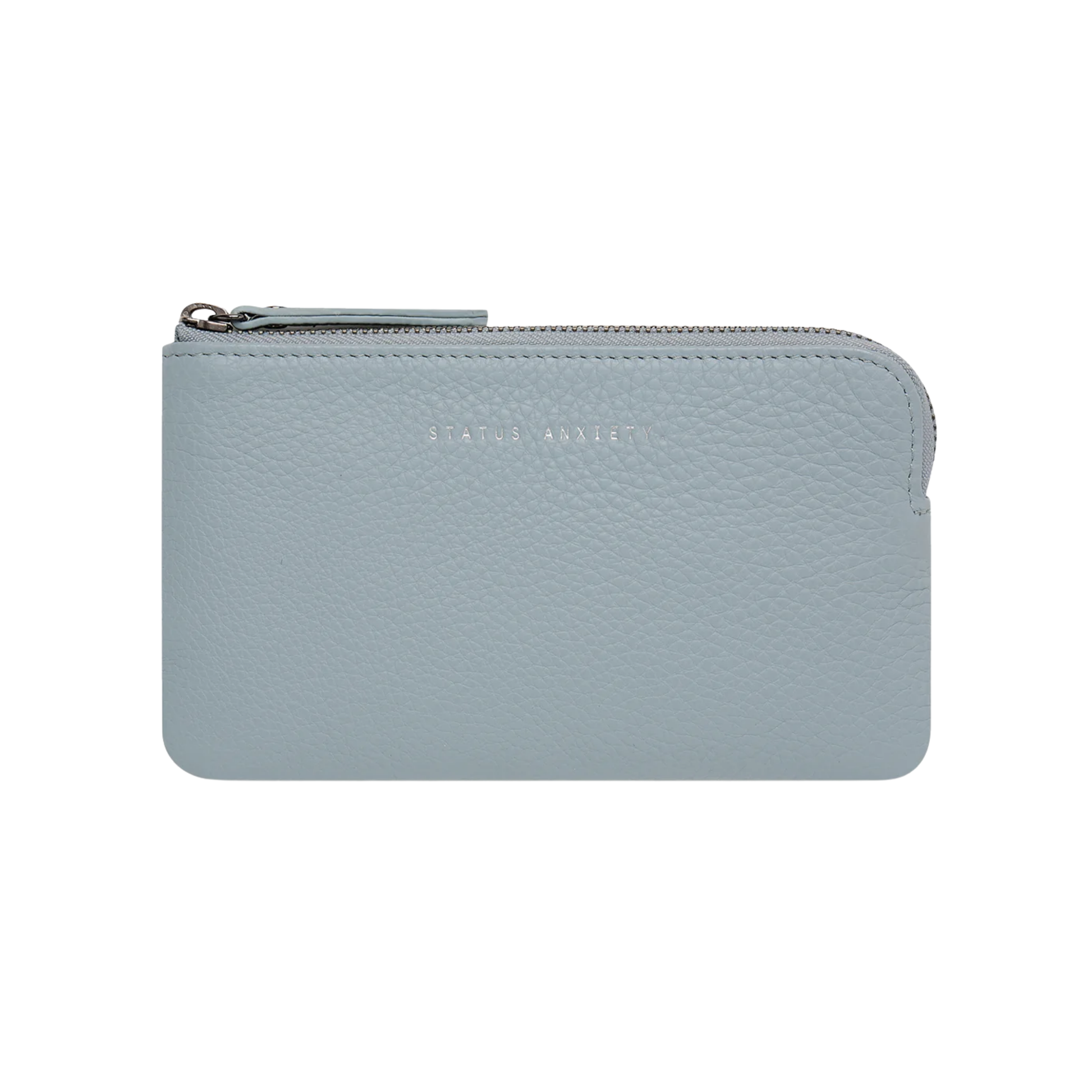 Front view of the Status Anxiety Wallet Smoke And Mirrors Powder Blue from soft shrunken pebble leather with 4 card slots.