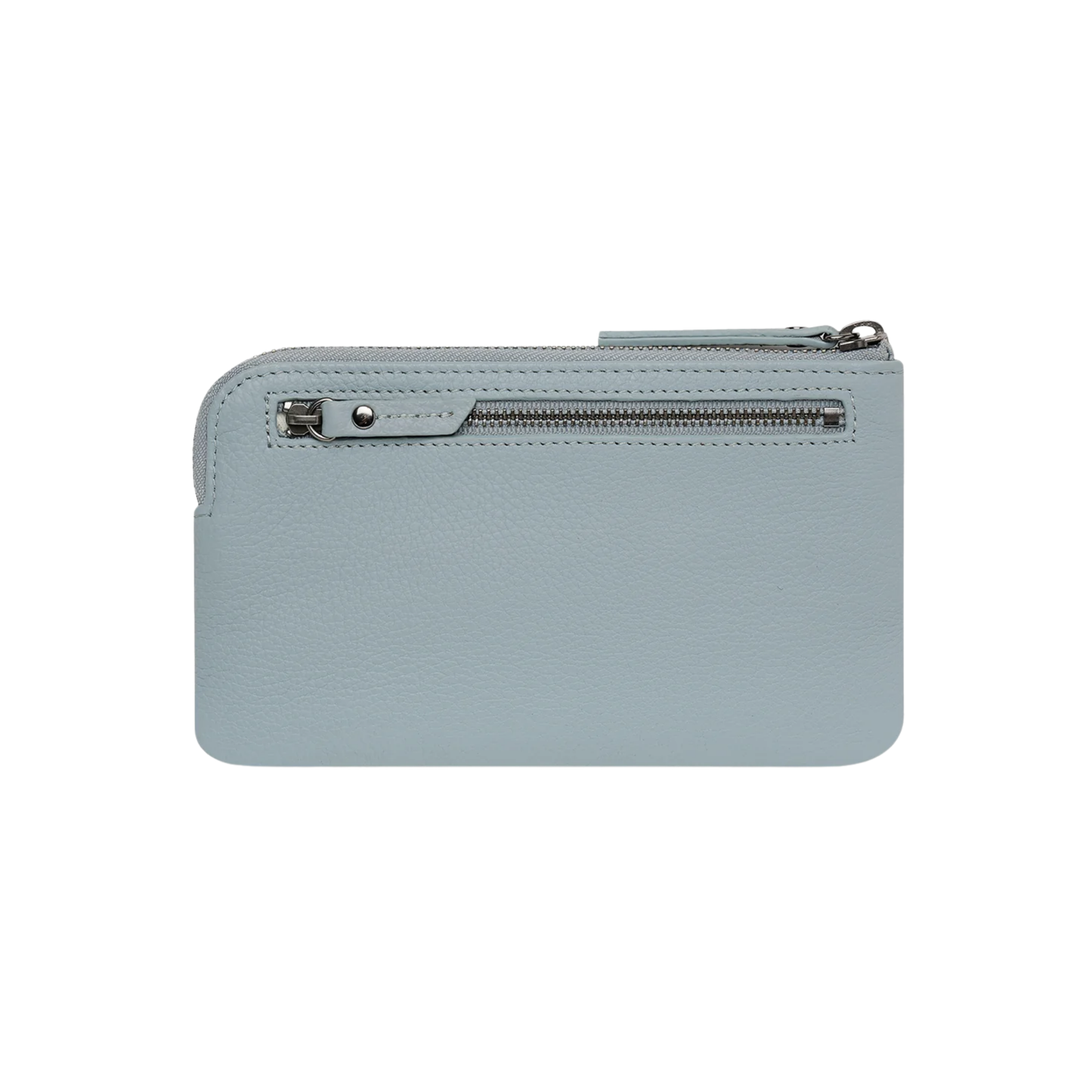 Back view of the Status Anxiety Wallet Smoke And Mirrors Powder Blue from soft shrunken pebble leather with 4 card slots.