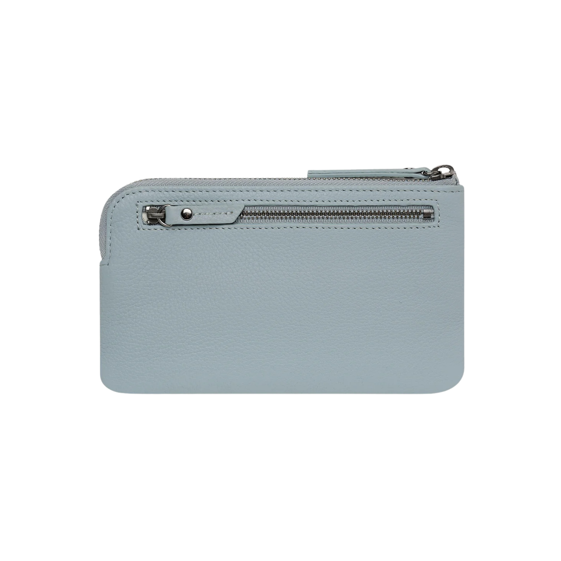 Back view of the Status Anxiety Wallet Smoke And Mirrors Powder Blue from soft shrunken pebble leather with 4 card slots.