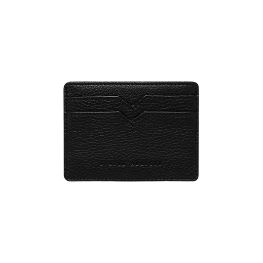 Front view of the Status Anxiety Wallet Together For Now Black Soft shrunken pebble leather with 4 card slots and stash pocket.