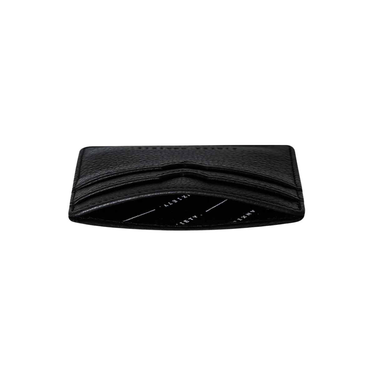 Semi top view of the open Status Anxiety Wallet Together For Now Black Soft shrunken pebble leather with 4 card slots and stash pocket.