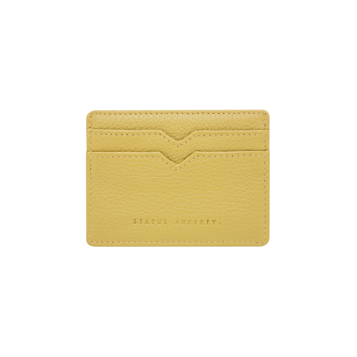 Front view of the Status Anxiety Wallet Together For Now Buttermilk Soft shrunken pebble leather with 4 card slots and stash pocket.