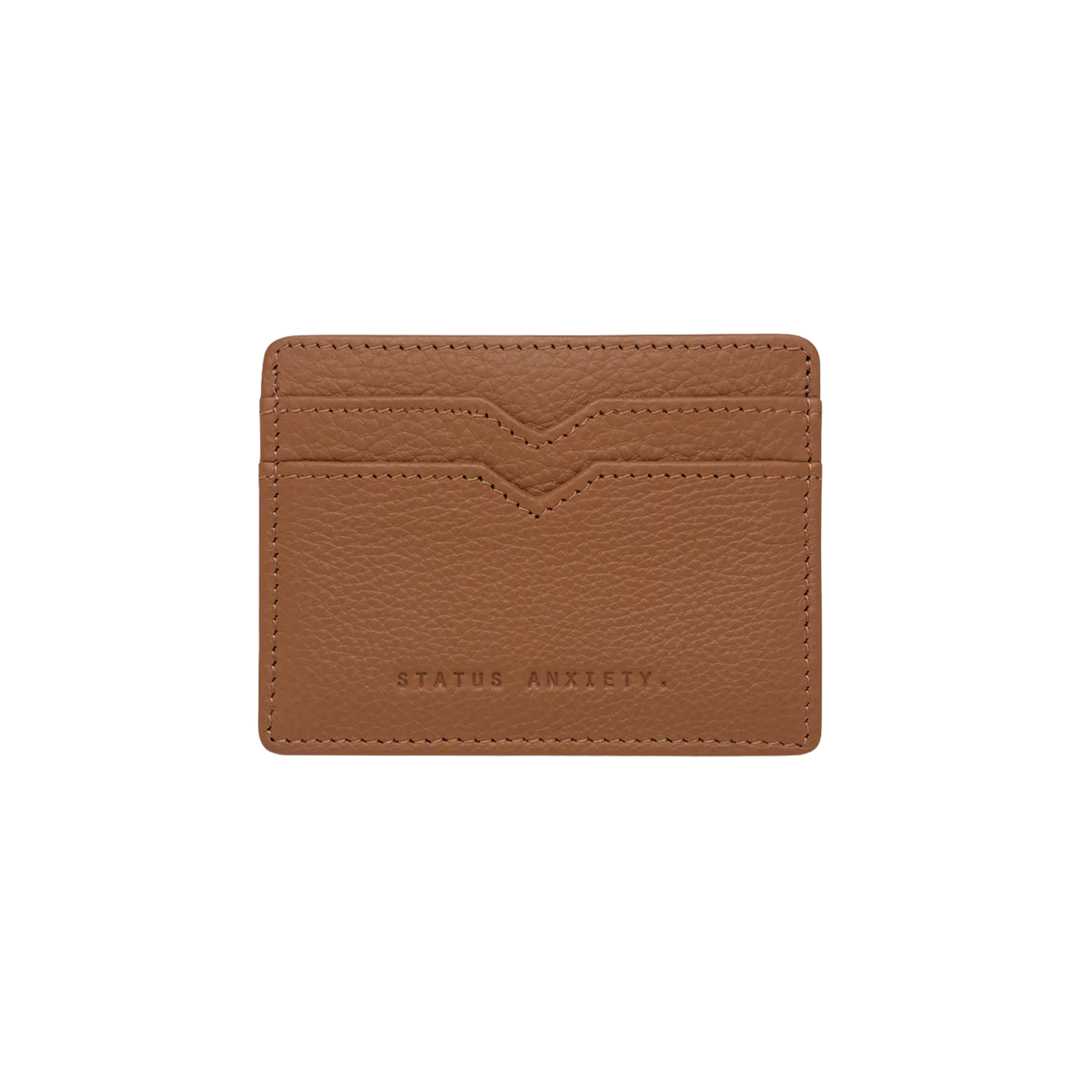 Front view of the Status Anxiety Wallet Together For Now Camel Soft shrunken pebble leather with 4 card slots and stash pocket.