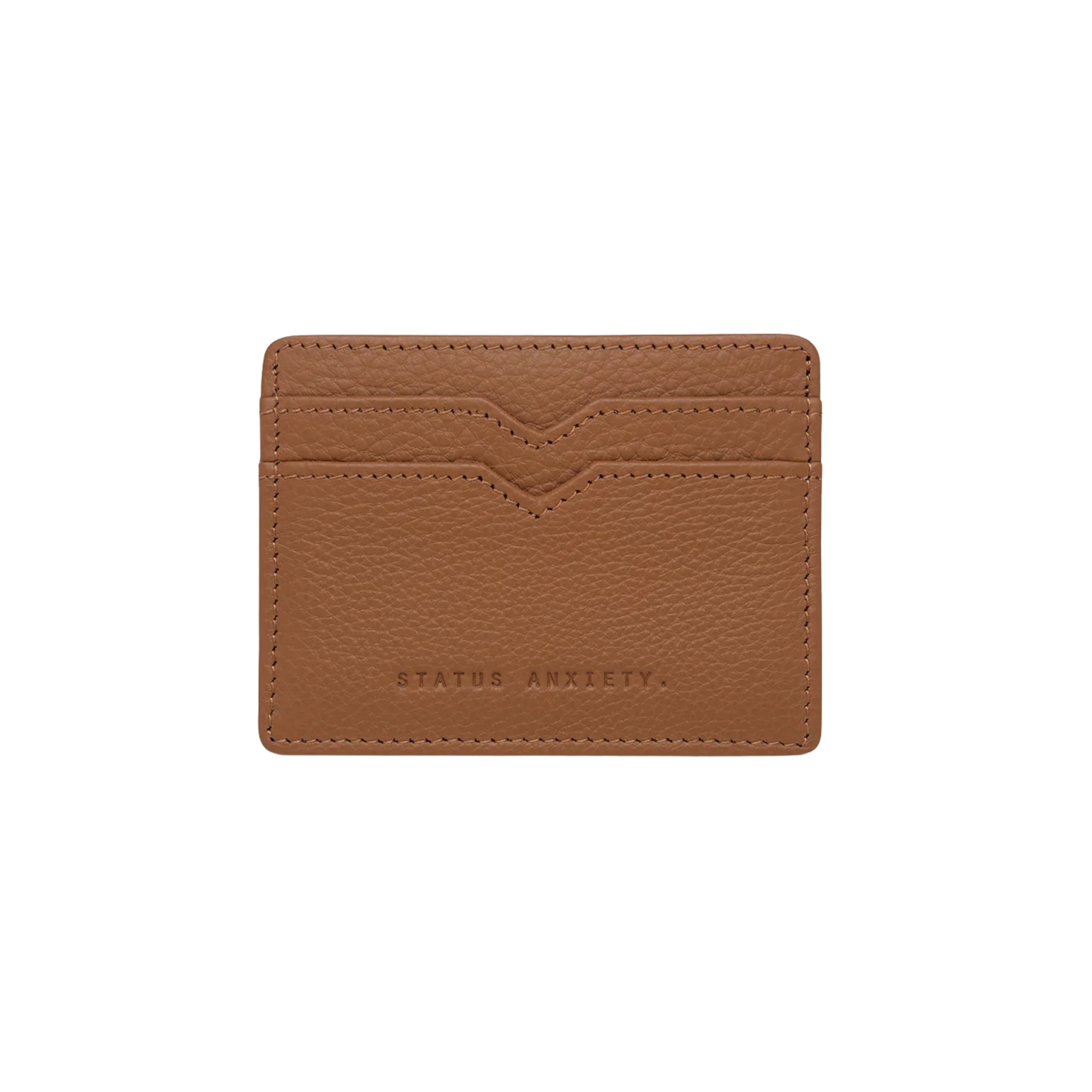 Front view of the Status Anxiety Wallet Together For Now Camel Soft shrunken pebble leather with 4 card slots and stash pocket.
