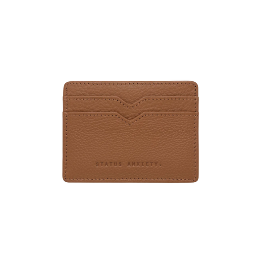 Front view of the Status Anxiety Wallet Together For Now Camel Soft shrunken pebble leather with 4 card slots and stash pocket.