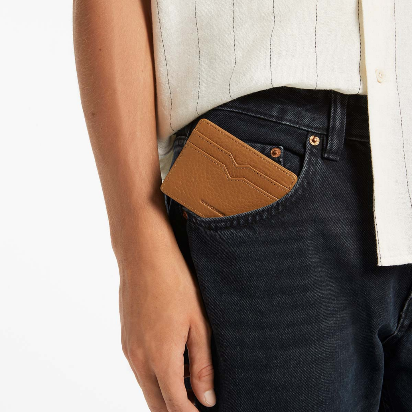 Status Anxiety Wallet Together For Now Camel Soft shrunken pebble leather with 4 card slots and stash pocket, seen in the pocket.
