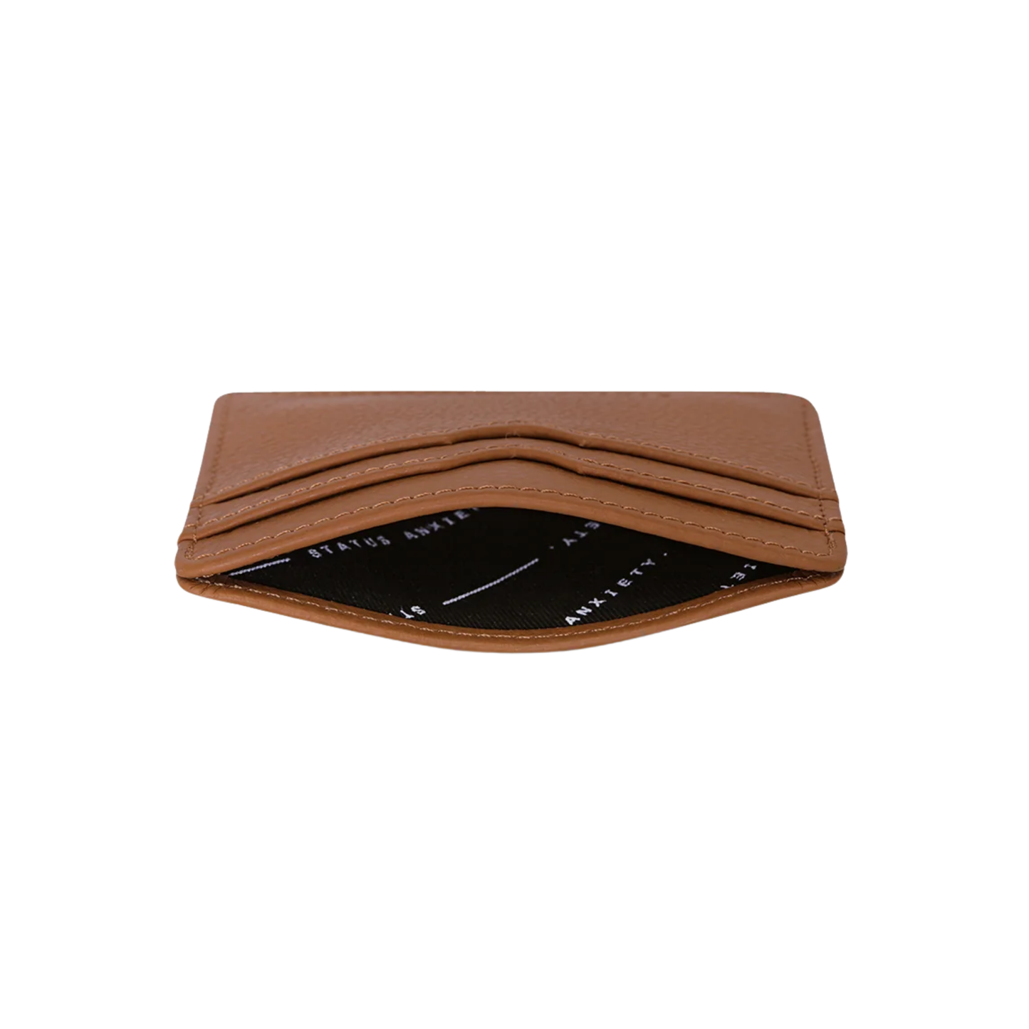 Open Status Anxiety Wallet Together For Now Camel Soft shrunken pebble leather with 4 card slots and stash pocket.