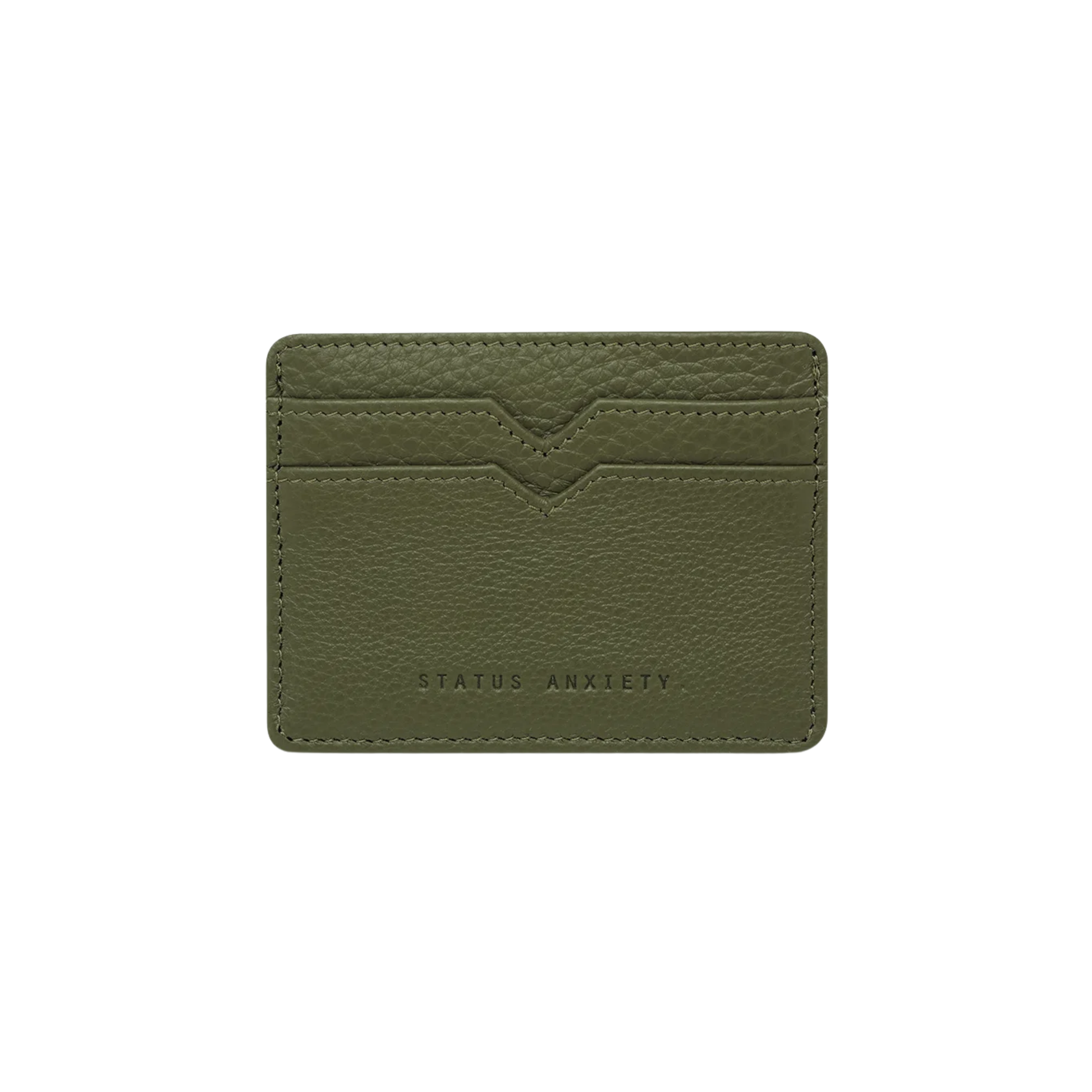 Front view of the Status Anxiety Wallet Together For Now Khaki Soft shrunken pebble leather with 4 card slots and stash pocket.