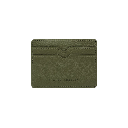 Front view of the Status Anxiety Wallet Together For Now Khaki Soft shrunken pebble leather with 4 card slots and stash pocket.