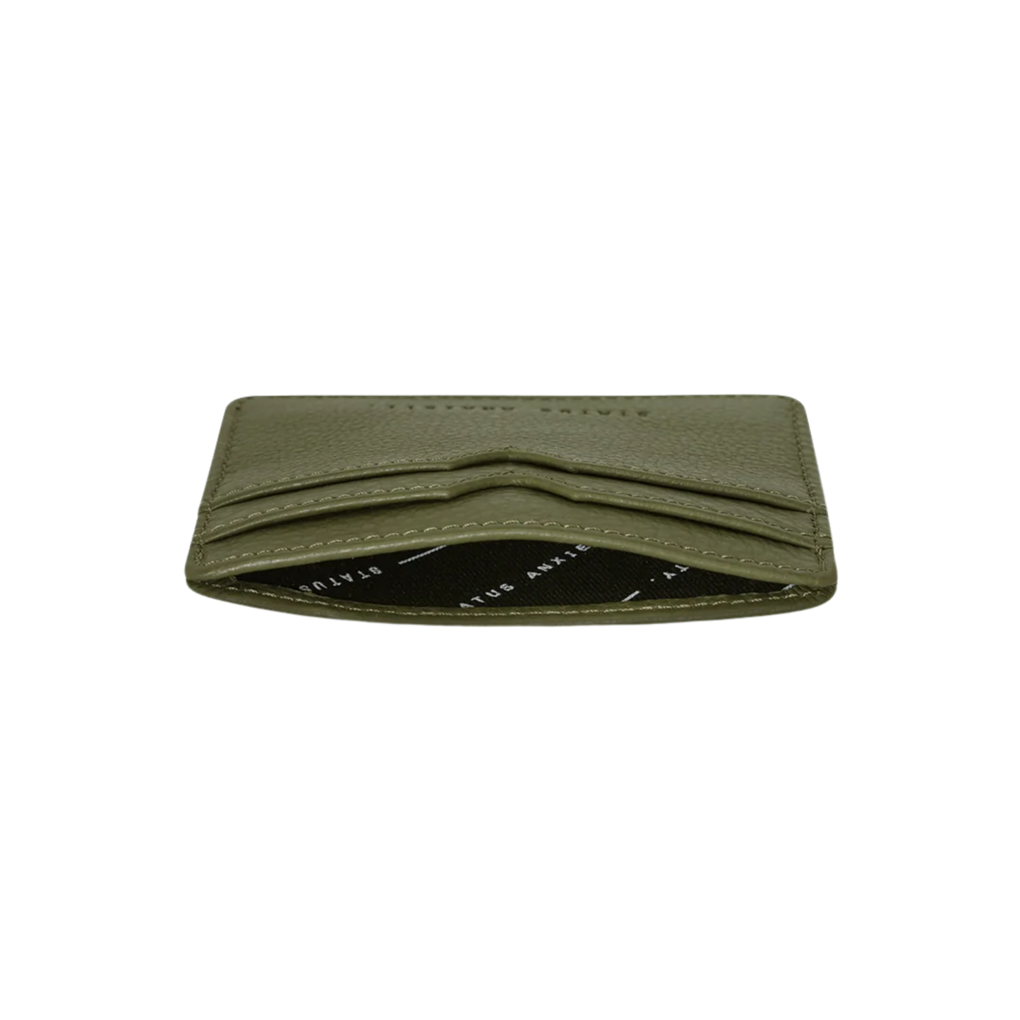 Semi top view of the open Status Anxiety Wallet Together For Now Khaki Soft shrunken pebble leather with 4 card slots and stash pocket.