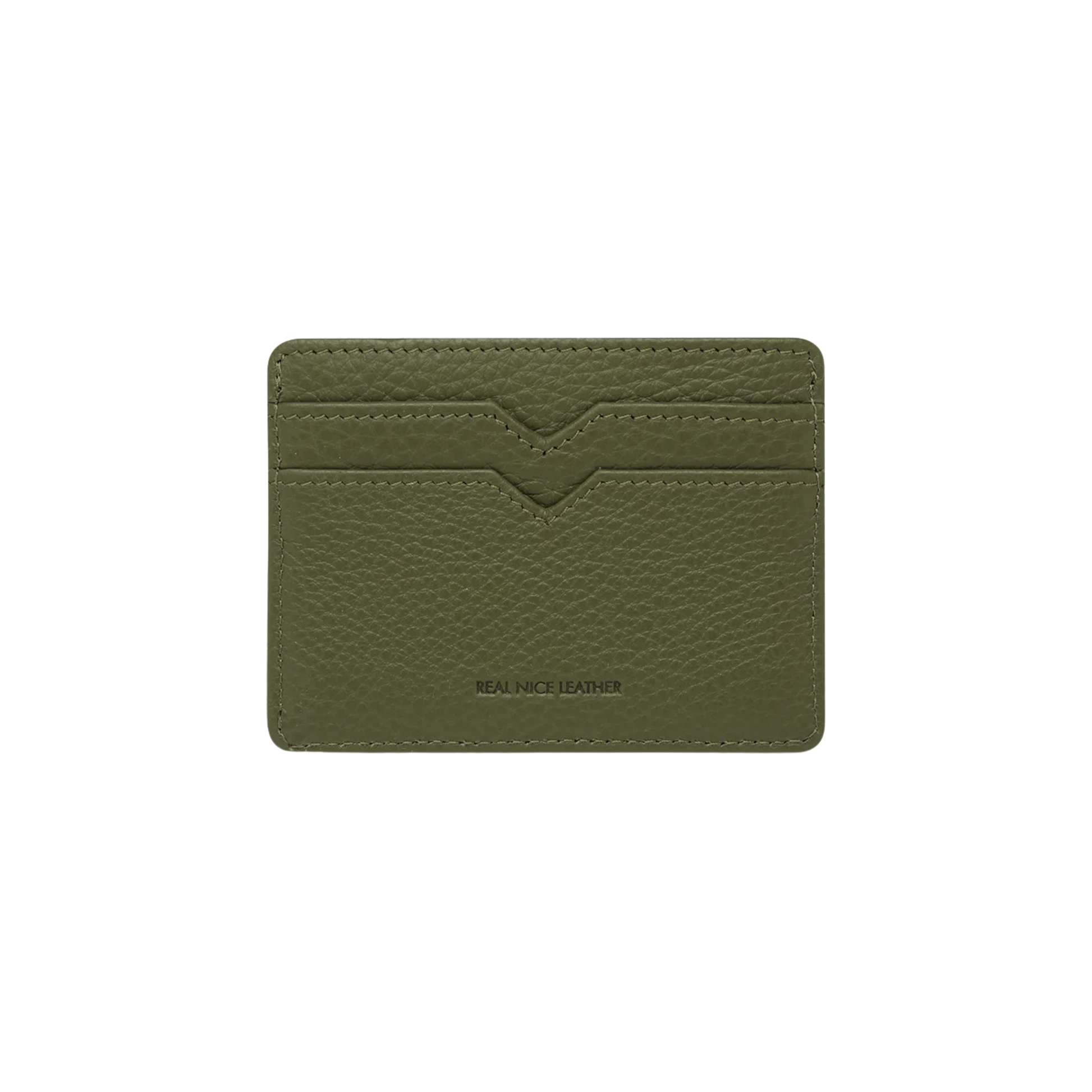Back side of the Status Anxiety Wallet Together For Now Khaki Soft shrunken pebble leather with 4 card slots and stash pocket.