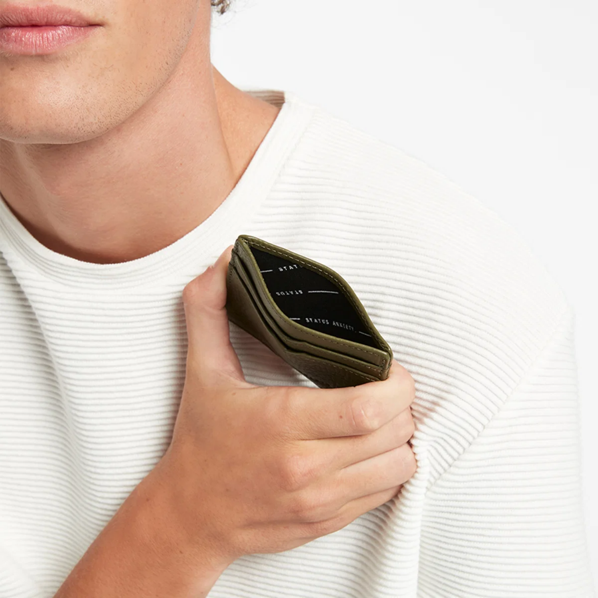 Open Status Anxiety Wallet Together For Now Khaki Soft shrunken pebble leather with 4 card slots and stash pocket.