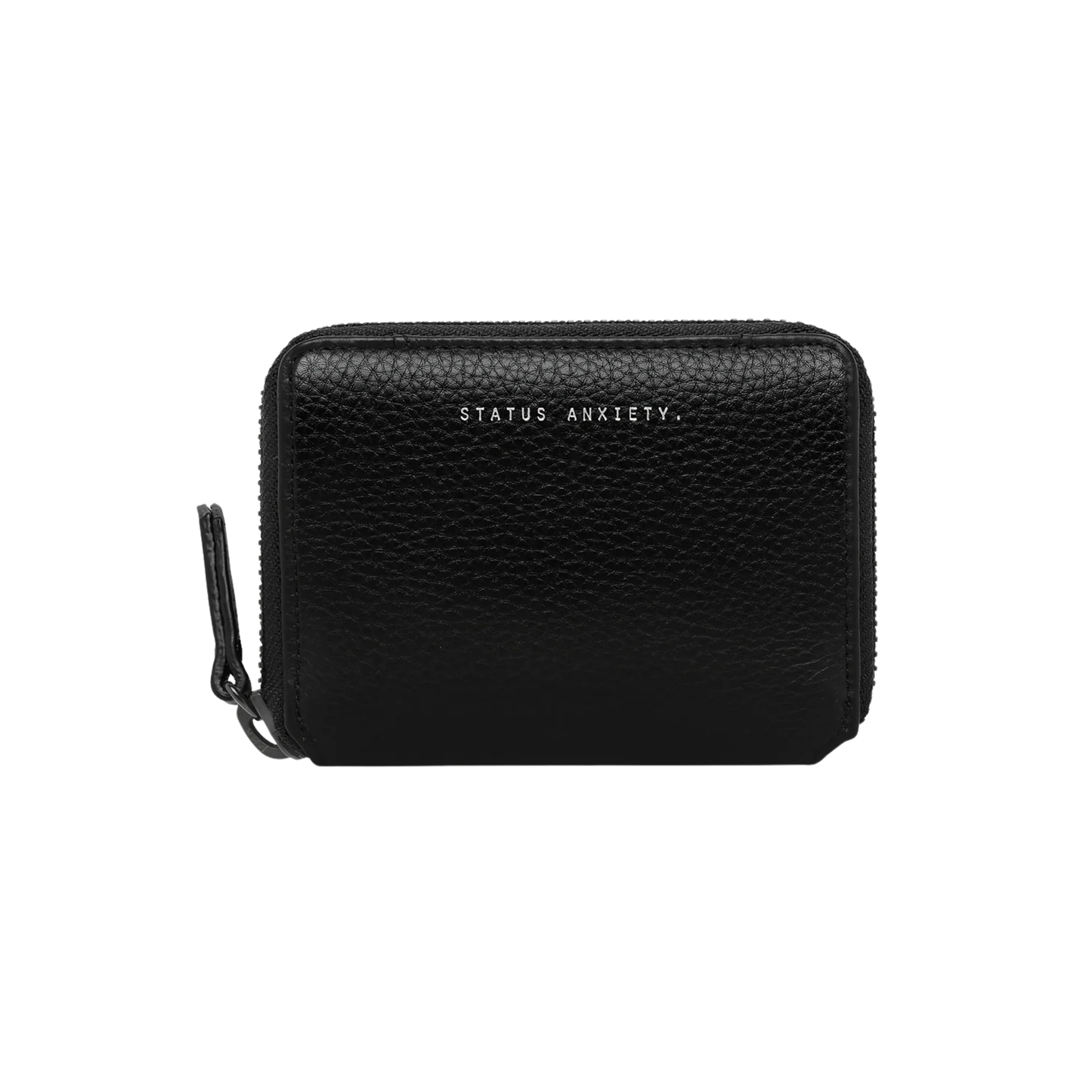 Front view of the Status Anxiety Wallet Wayward Black from shrunken pebble leather with zipper, silver foil logo and 9 slots.