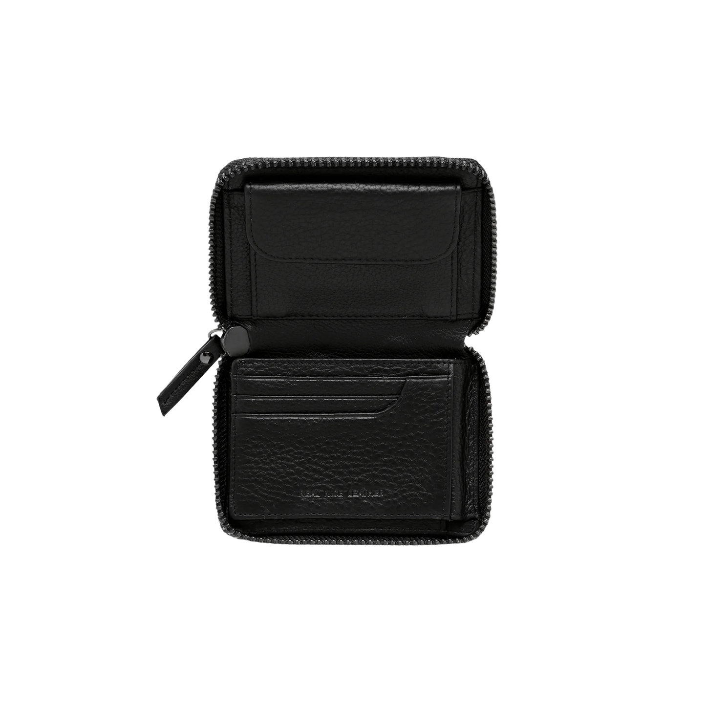 Open Status Anxiety Wallet Wayward Black from shrunken pebble leather with zipper, silver foil logo and 9 slots.
