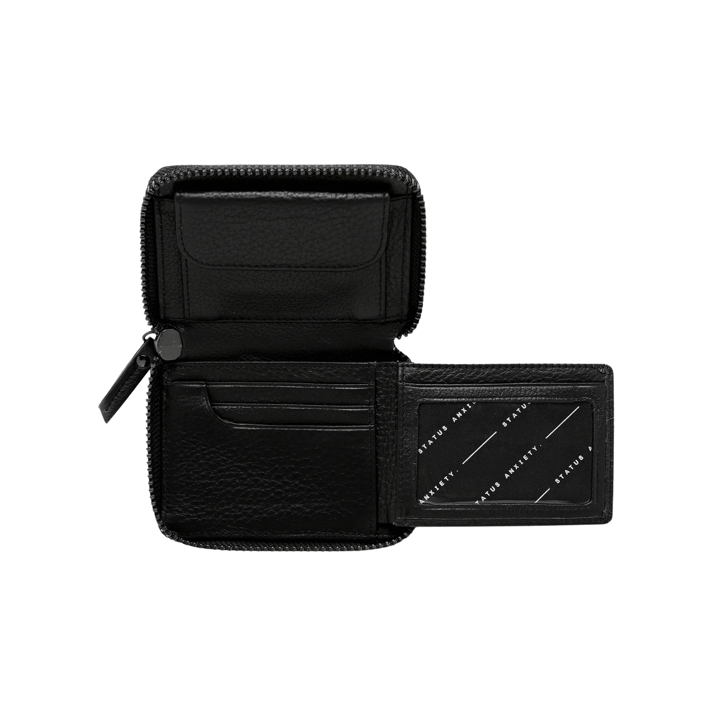 Open with extension the Status Anxiety Wallet Wayward Black from shrunken pebble leather with zipper, silver foil logo and 9 slots.