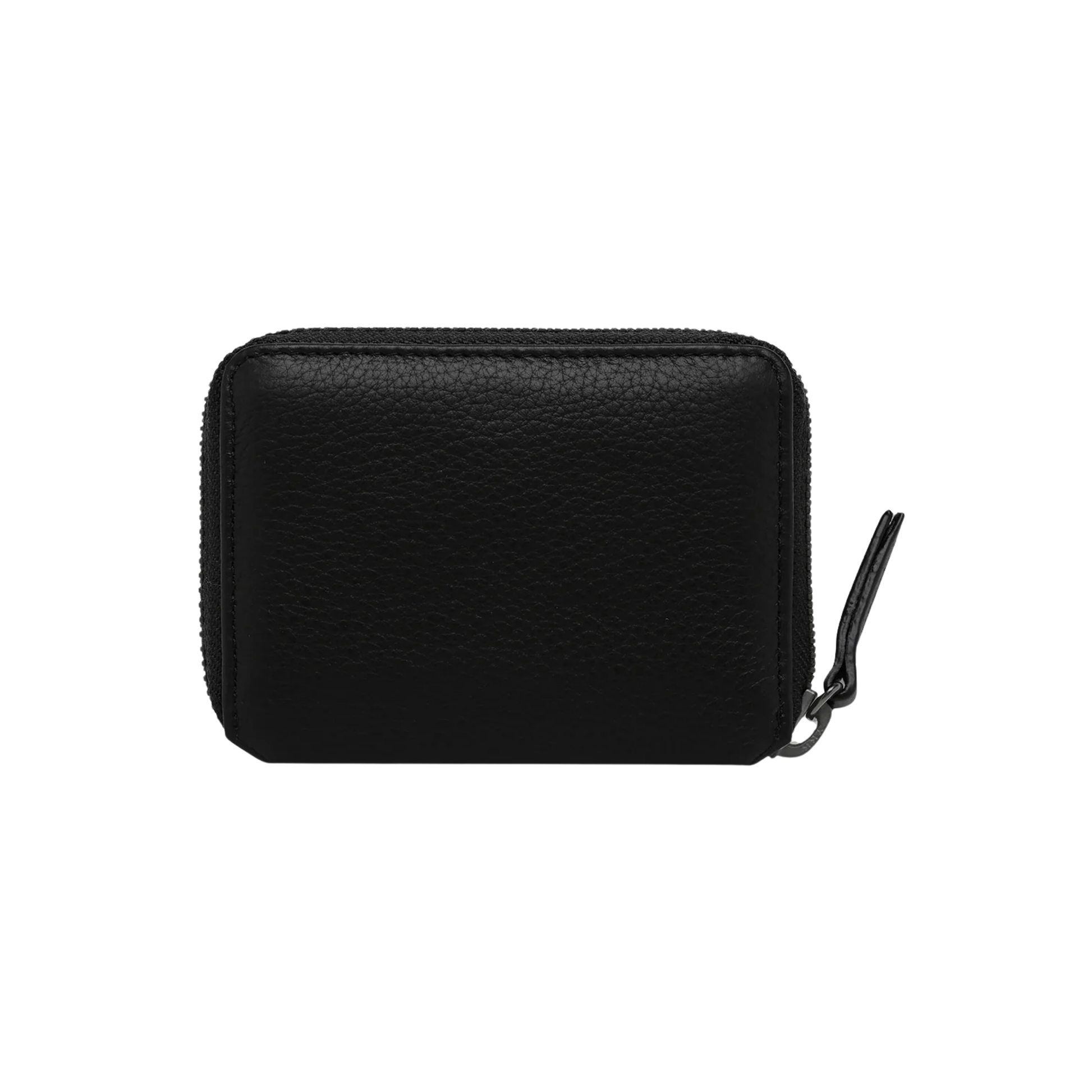 Back side of the Status Anxiety Wallet Wayward Black from shrunken pebble leather with zipper, silver foil logo and 9 slots.