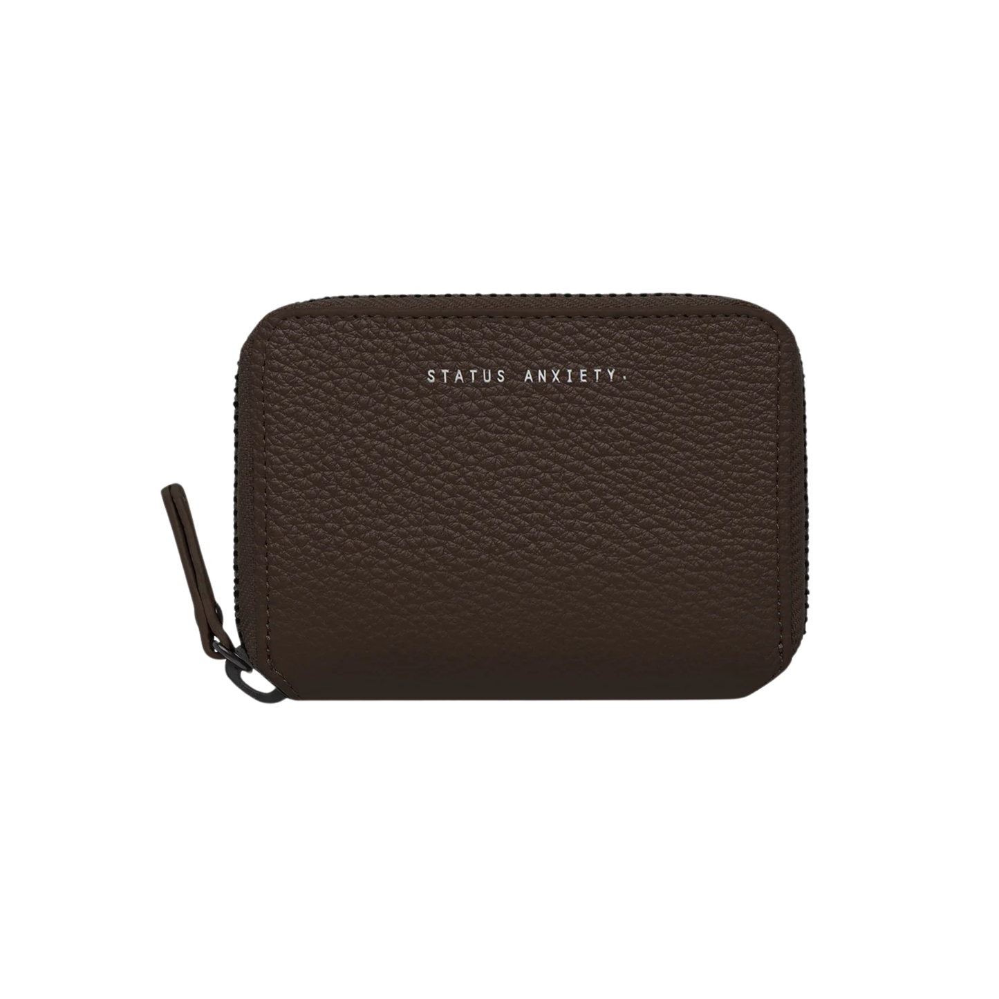 Front view of the Status Anxiety Wallet Wayward Cocoa from shrunken pebble leather with zipper, silver foil logo and 9 slots.