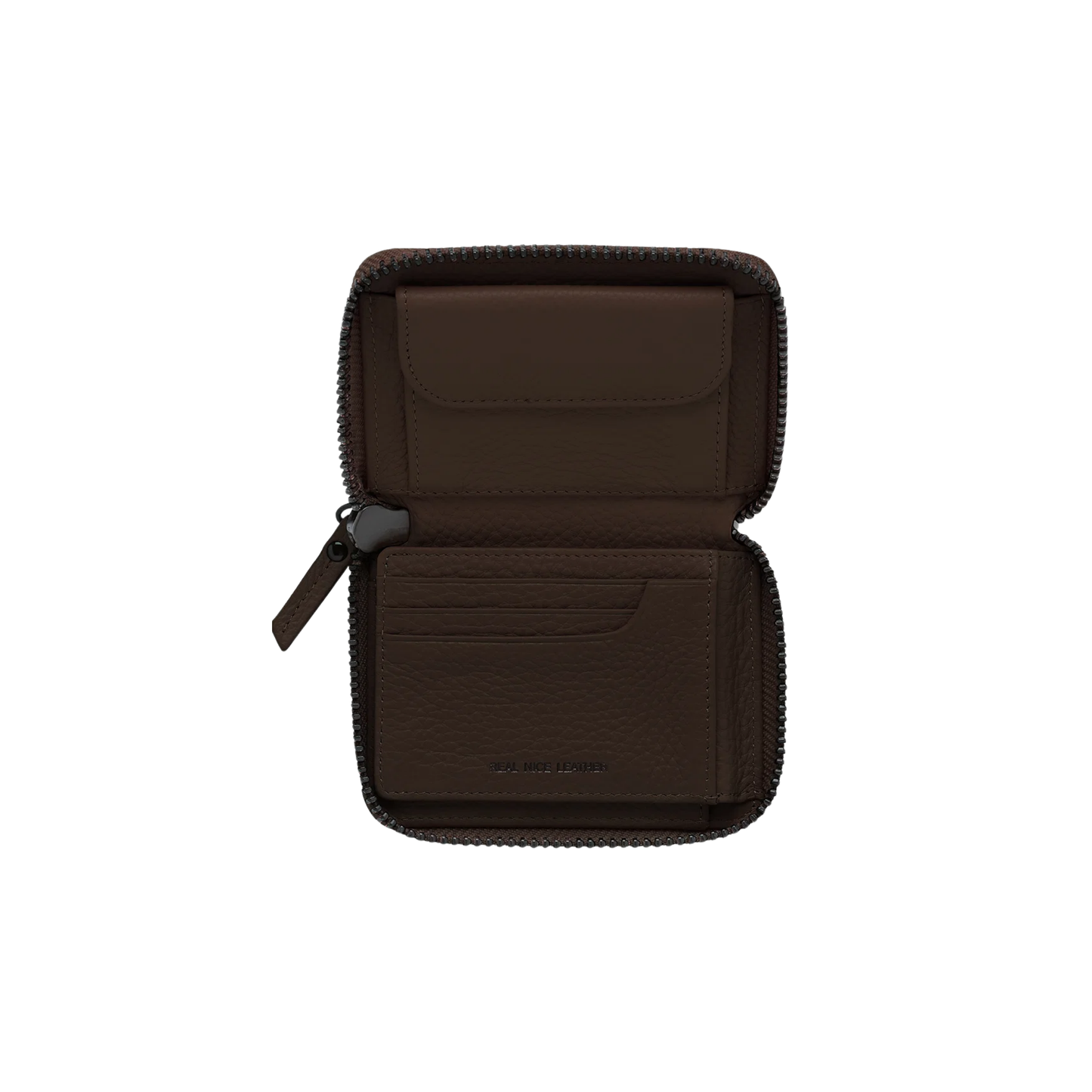 Open Status Anxiety Wallet Wayward Cocoa from shrunken pebble leather with zipper, silver foil logo and 9 slots.