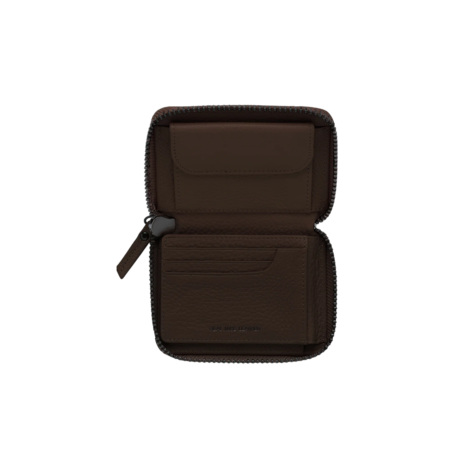 Open Status Anxiety Wallet Wayward Cocoa from shrunken pebble leather with zipper, silver foil logo and 9 slots.