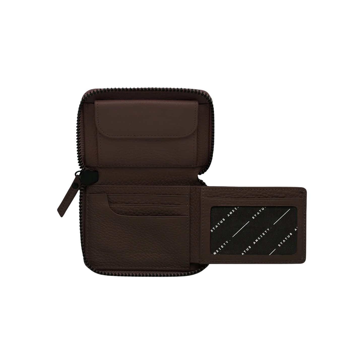 Open Status Anxiety Wallet Wayward Cocoa from shrunken pebble leather with zipper, silver foil logo and 9 slots.
