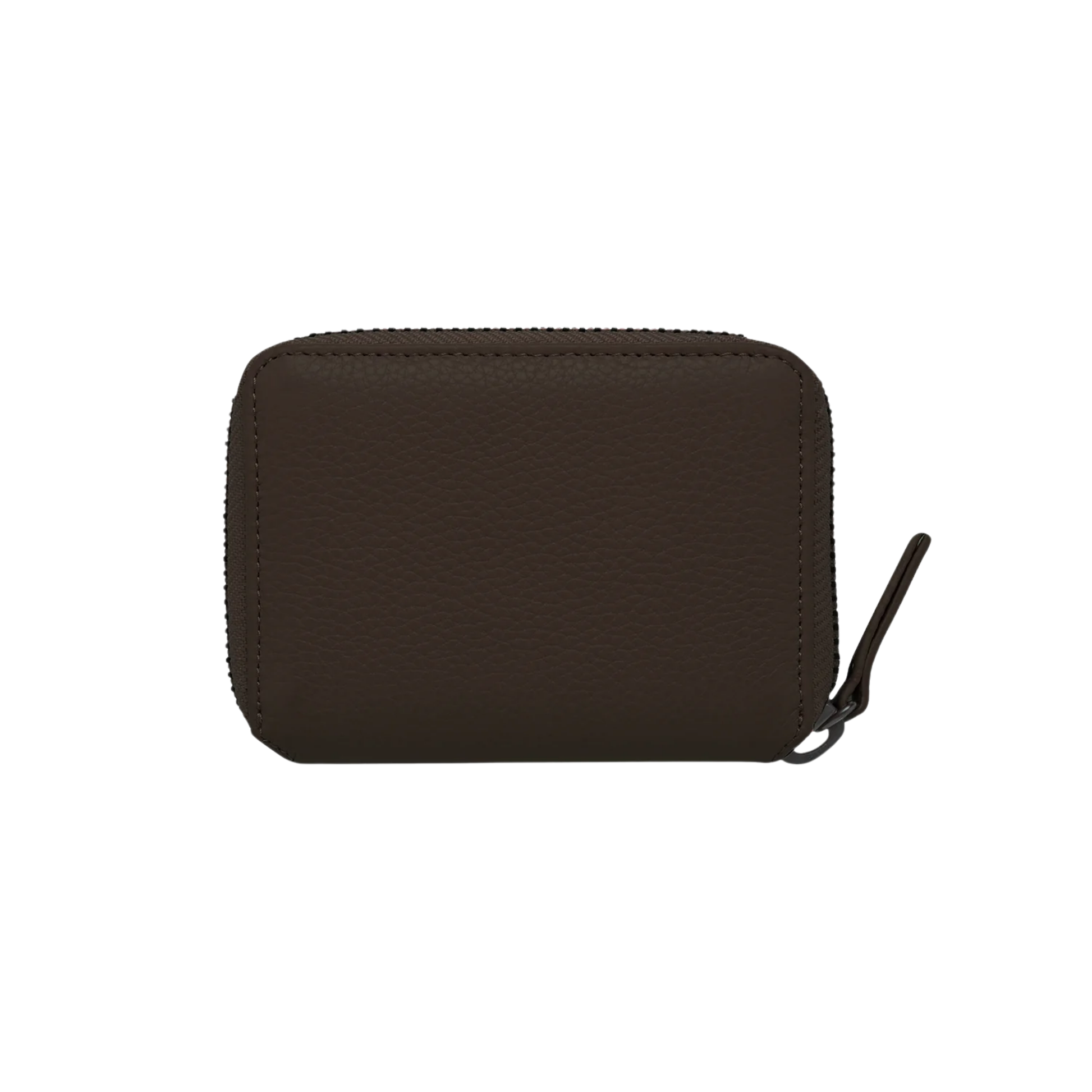 Close and back view of the Status Anxiety Wallet Wayward Cocoa from shrunken pebble leather with zipper, silver foil logo and 9 slots.