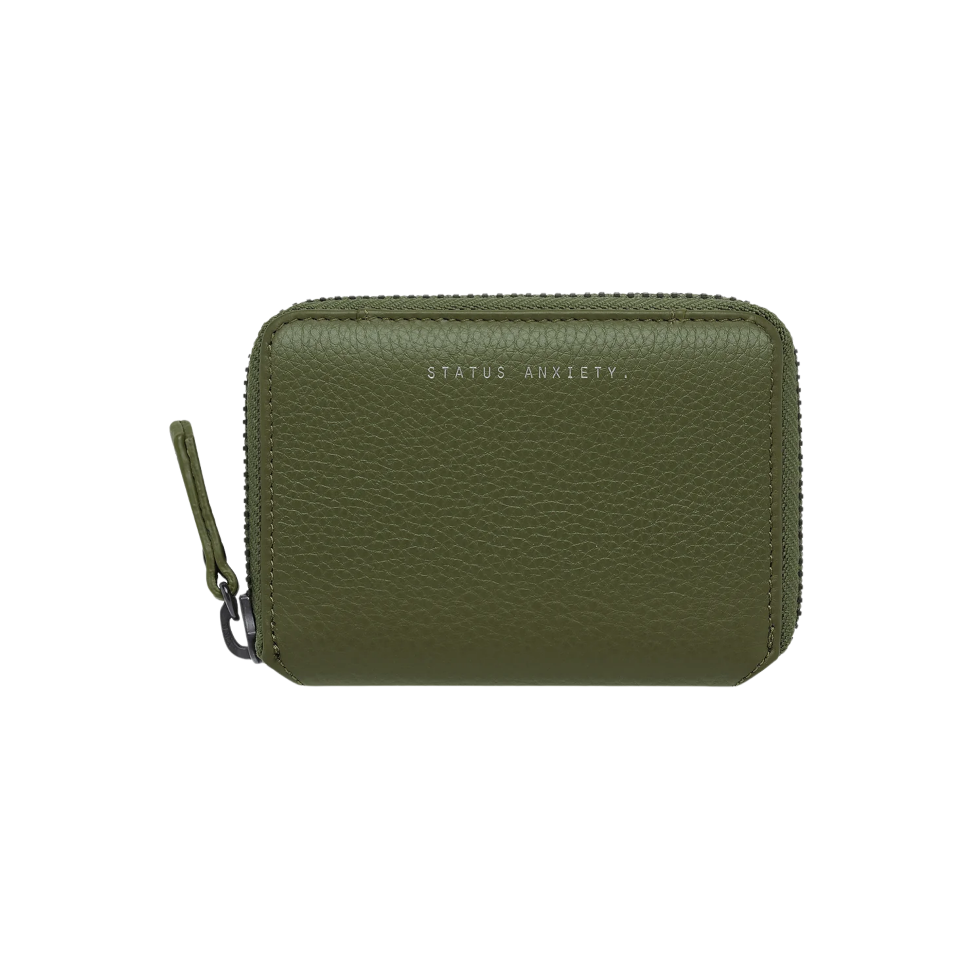 Front view of the Status Anxiety Wallet Wayward Khaki from shrunken pebble leather with zipper, silver foil logo and 9 slots.