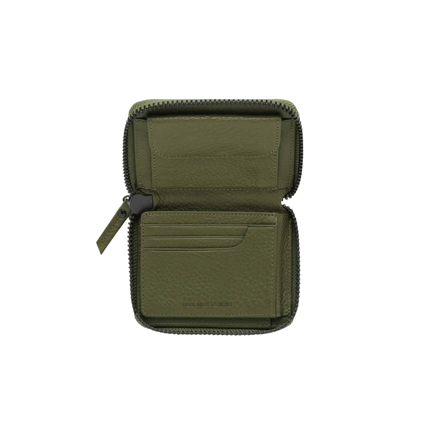Open without extension from Status Anxiety Wallet Wayward Khaki from shrunken pebble leather with zipper, silver foil logo and 9 slots.