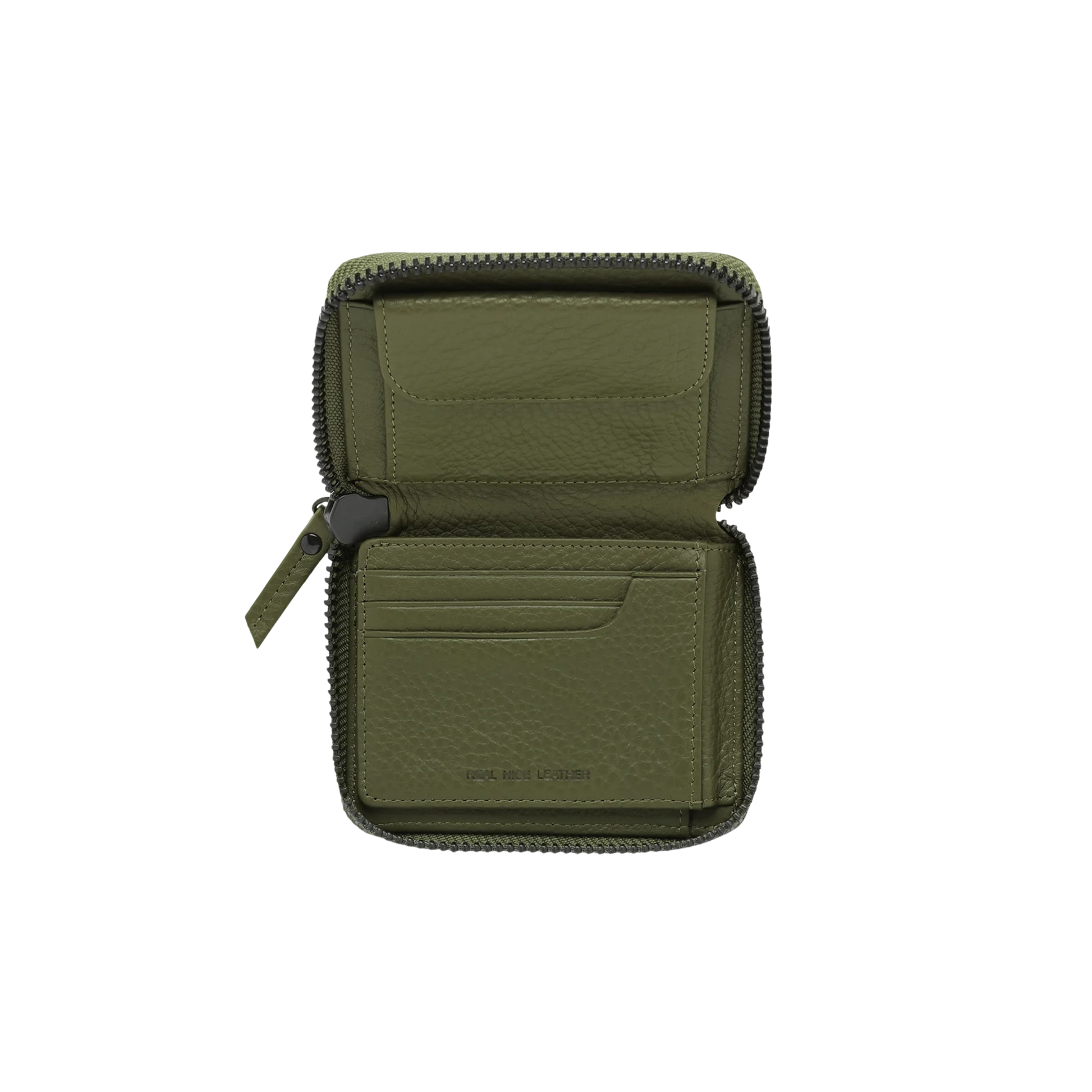 Open without extension from Status Anxiety Wallet Wayward Khaki from shrunken pebble leather with zipper, silver foil logo and 9 slots.