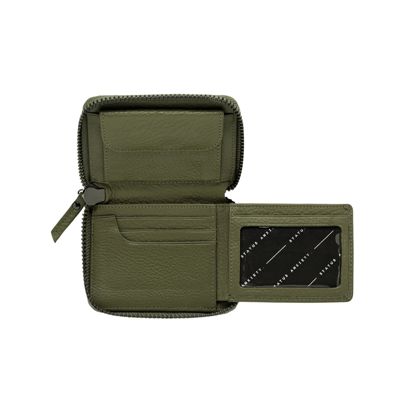 Open with extension from Status Anxiety Wallet Wayward Khaki from shrunken pebble leather with zipper, silver foil logo and 9 slots.