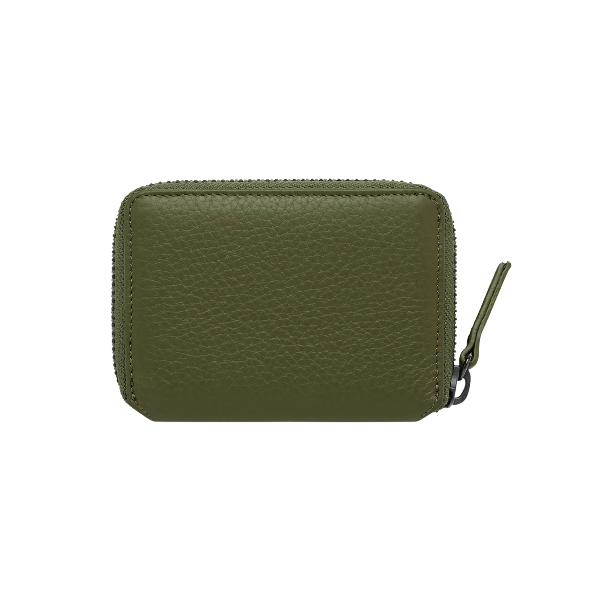 Back view of the Status Anxiety Wallet Wayward Khaki from shrunken pebble leather with zipper, silver foil logo and 9 slots.
