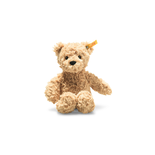 Front view of the Steiff Classic Teddy Bear Jimmy 20cm Light brown which is made from from cuddly, durable synthetic polyester with a five-way jointed, softly stuffed body for extra hugs. Features handmade shoe-button eyes, hunchback inspired from a real bear, is machine washable, and carries the Steiff Button in Ear trademark of quality.