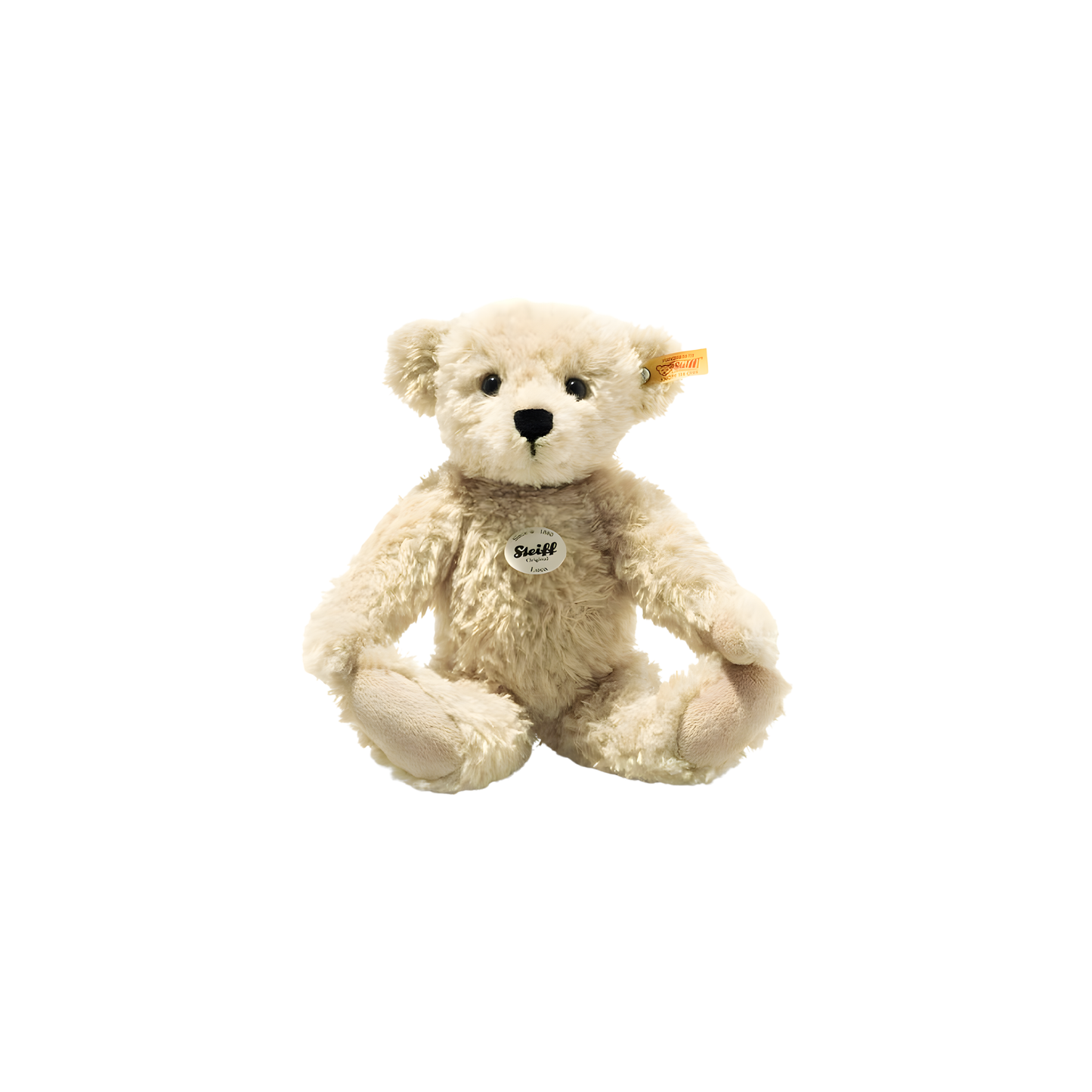 Front view of the Steiff Classic Teddy Bear Luca 30cm Beige which is made from from cuddly, durable synthetic polyester with a five-way jointed, softly stuffed body for extra hugs. Features handmade shoe-button eyes, hunchback inspired from a real bear, is machine washable, and carries the Steiff Button in Ear trademark of quality.
