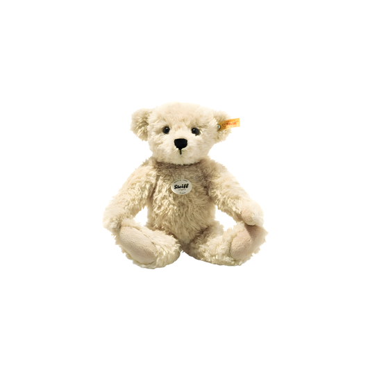 Front view of the Steiff Classic Teddy Bear Luca 30cm Beige which is made from from cuddly, durable synthetic polyester with a five-way jointed, softly stuffed body for extra hugs. Features handmade shoe-button eyes, hunchback inspired from a real bear, is machine washable, and carries the Steiff Button in Ear trademark of quality.