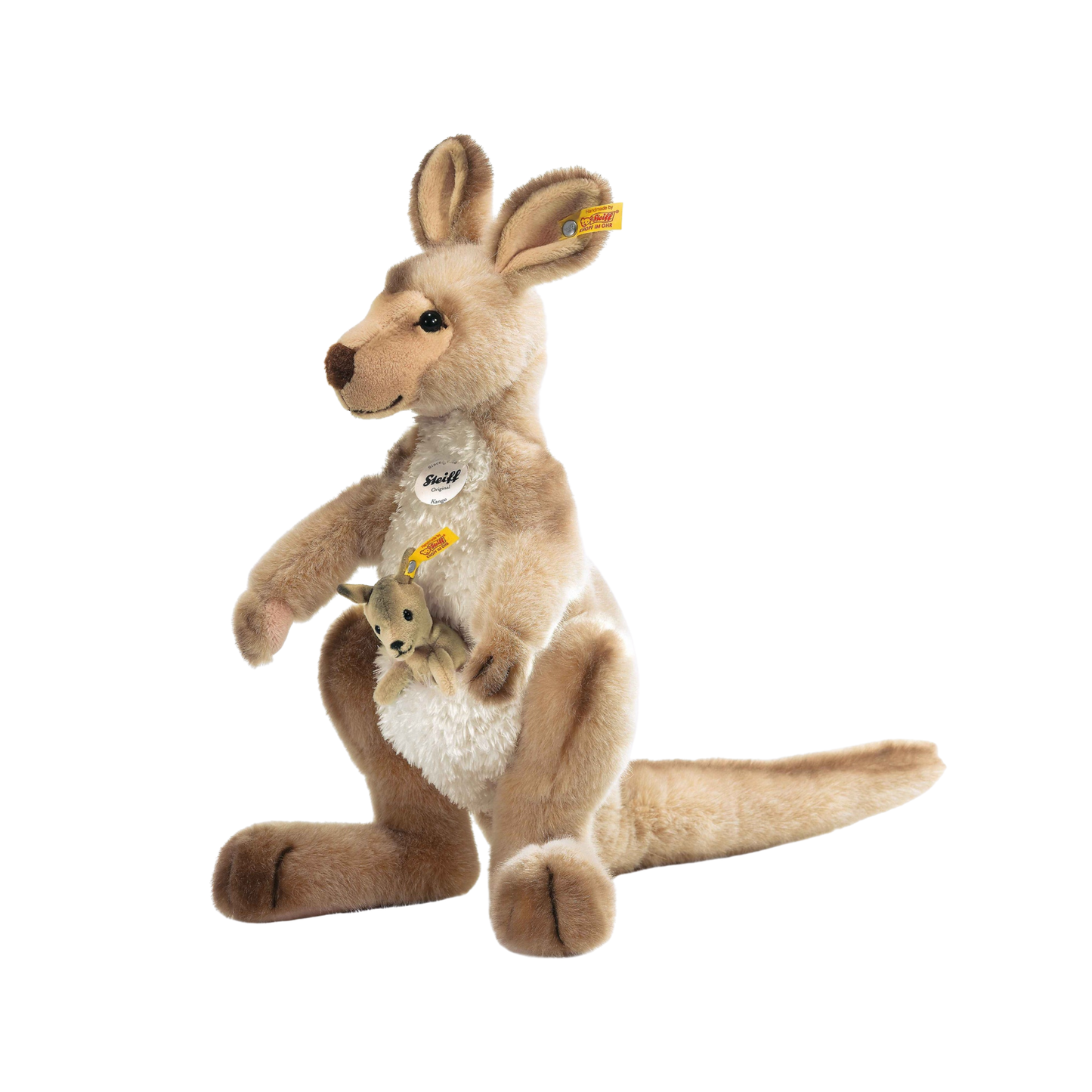 Semi side view of the Steiff Kangaroo with Baby 40cm, a beige-tipped coat made of cuddly soft plush, contains a little beanbag.