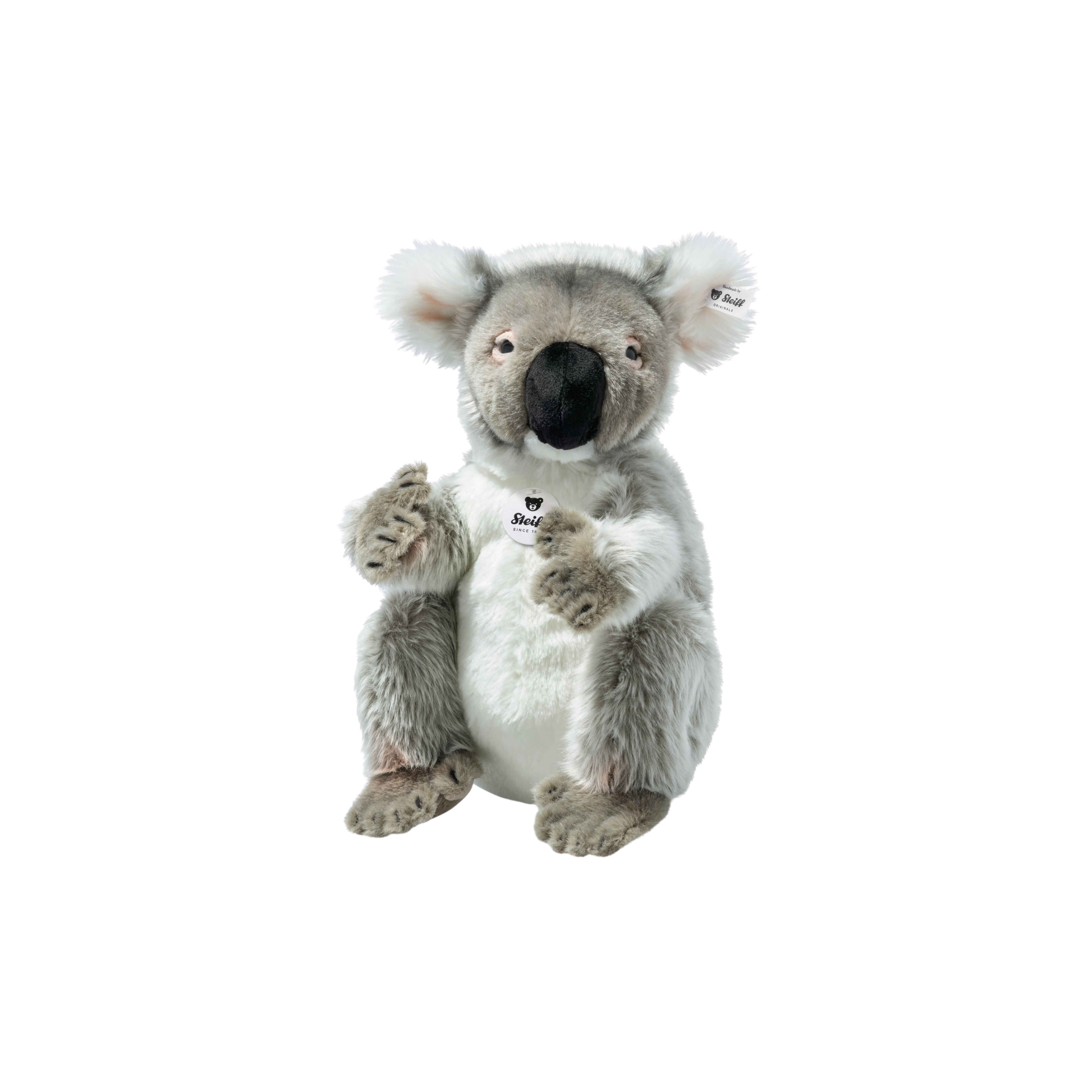 Front view of the Steiff Koala Bear 29cm Grey made of cuddly soft plush, 80% polyacrylic, 20% polyester, with stainless steel button in ear and safety eyes.