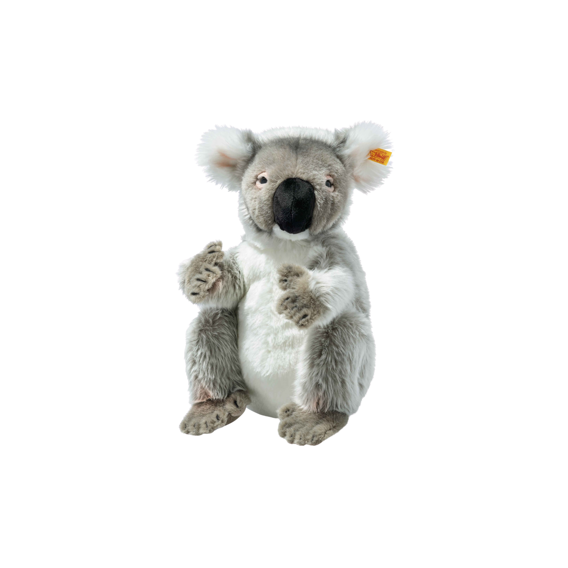 Front view with the gold ear tag from the Steiff Koala Bear 29cm Grey made of cuddly soft plush, 80% polyacrylic, 20% polyester, with stainless steel button in ear and safety eyes.