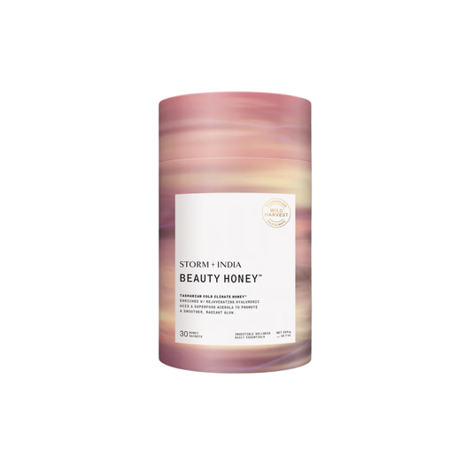 Container of Storm + India Beauty Honey, 360g/30 sachets, a buttery yellow blend of Tasmanian Cold Climate Honey? with Hyaluronic Acid, Gotu Kola, and Shiitake Mushroom.