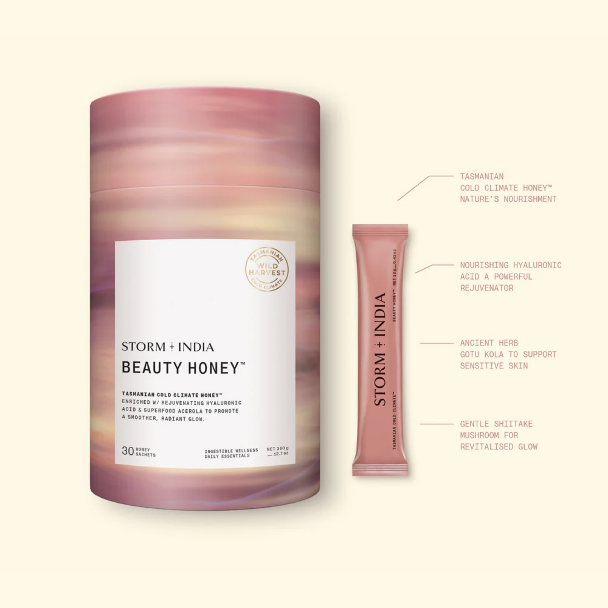 Specifications and features information image of Storm + India Beauty Honey, 360g/30 sachets, a buttery yellow blend of Tasmanian Cold Climate Honey? with Hyaluronic Acid, Gotu Kola, and Shiitake Mushroom.