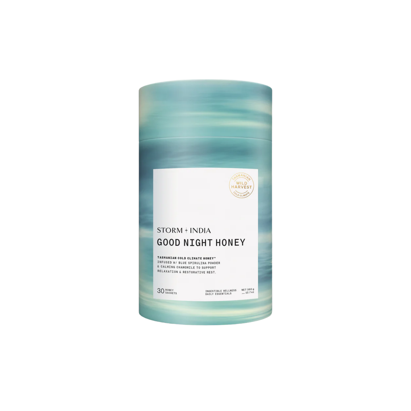 Storm + India Good Night Honey 360g, 30 sachets, honey blend with blue spirulina, chamomile, and lavender.