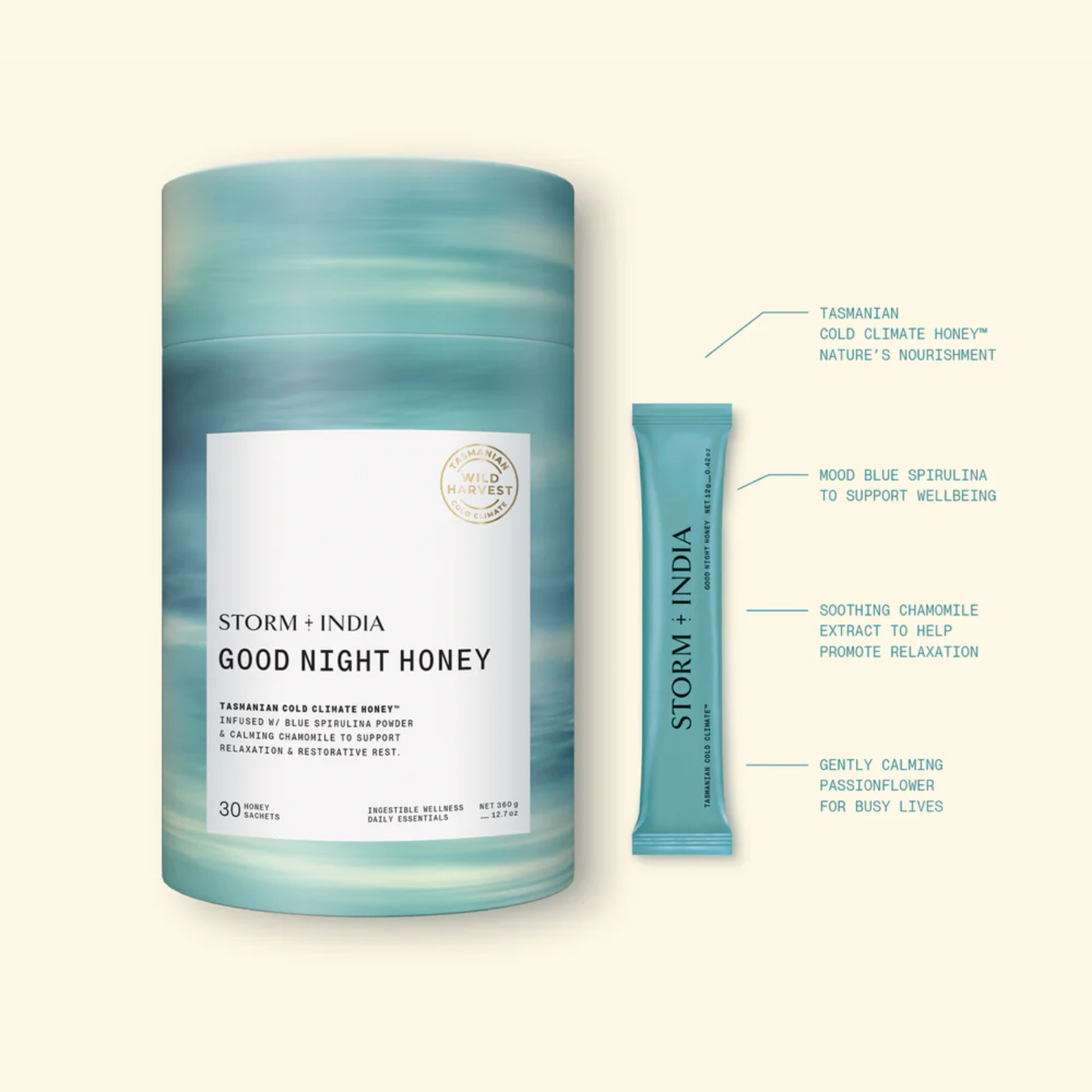 Specifications and features image of Storm + India Good Night Honey 360g, 30 sachets, honey blend with blue spirulina, chamomile, and lavender.