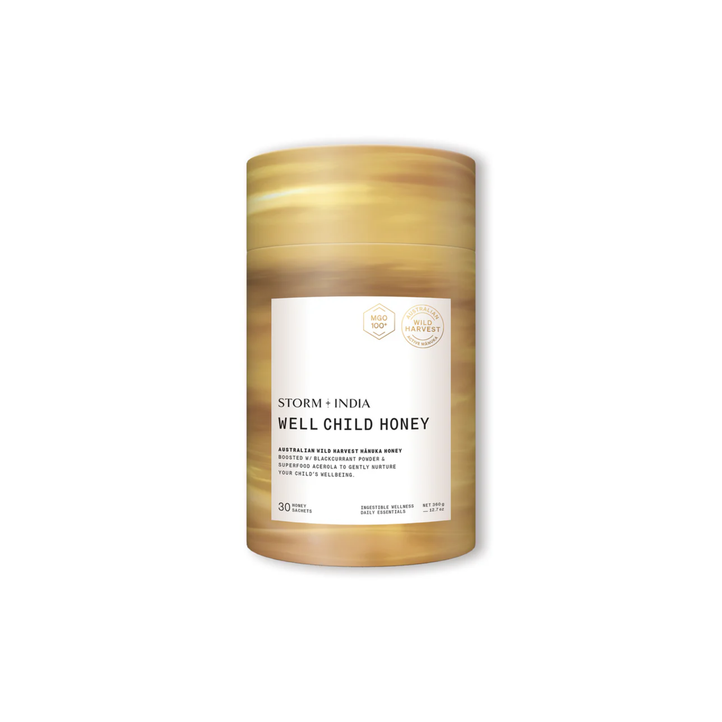 Storm + India Well Child Honey 360g box with 30 sachets, Manuka honey blend with blackcurrant and acerola